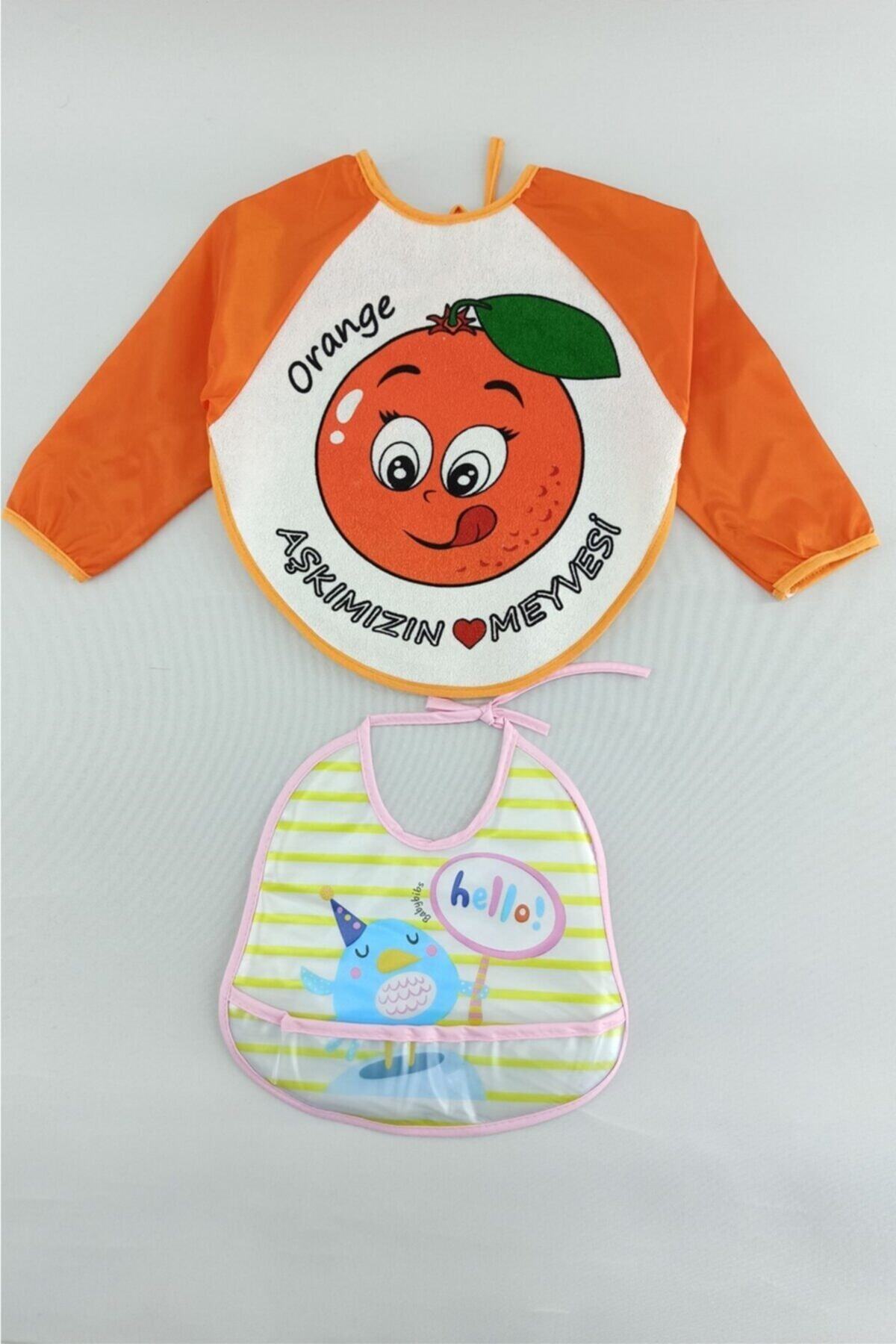 ALİSS Unisex Bebek Turuncu Sarı Su Geçirmez Mama Önlüğü 2 Adet