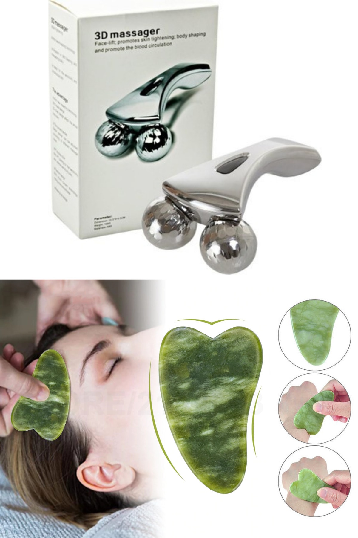 QNİAY Gua 3d Masaj 2 Li Set Gua Sha Masaj Taşı + 3d Massager Cilt Sıkılaştırıcı Terapi Masaj Aleti