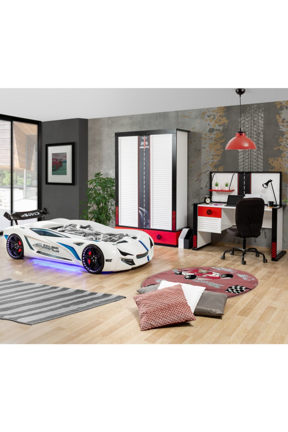 Setay Beyaz Mercedes Full Ledli Arabalı Yatak Ralli Genç Odası Takımı