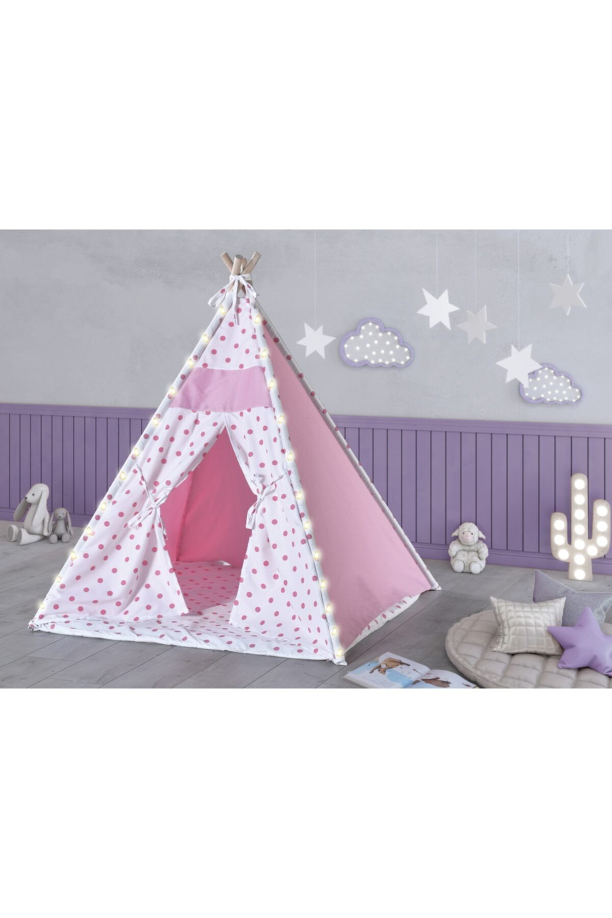 Bila Baby Işıklı Kızılderili Oyun Çadırı Aktivite Oyun Alanı Kalın Minderli Oyun Evi Pembe