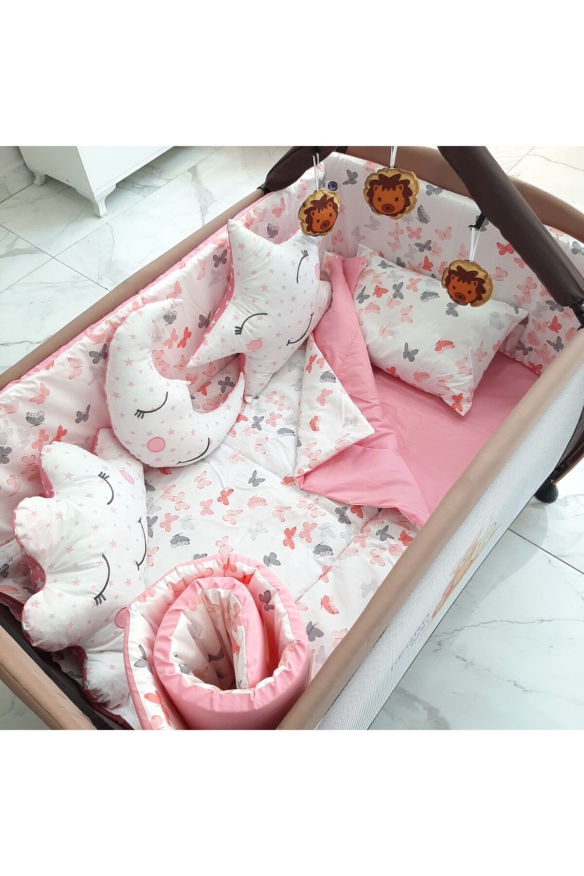 uykucubebe 70x110 Park Beşik Kelebekli Bebek Uyku Seti 10 Parça (8092kombin)