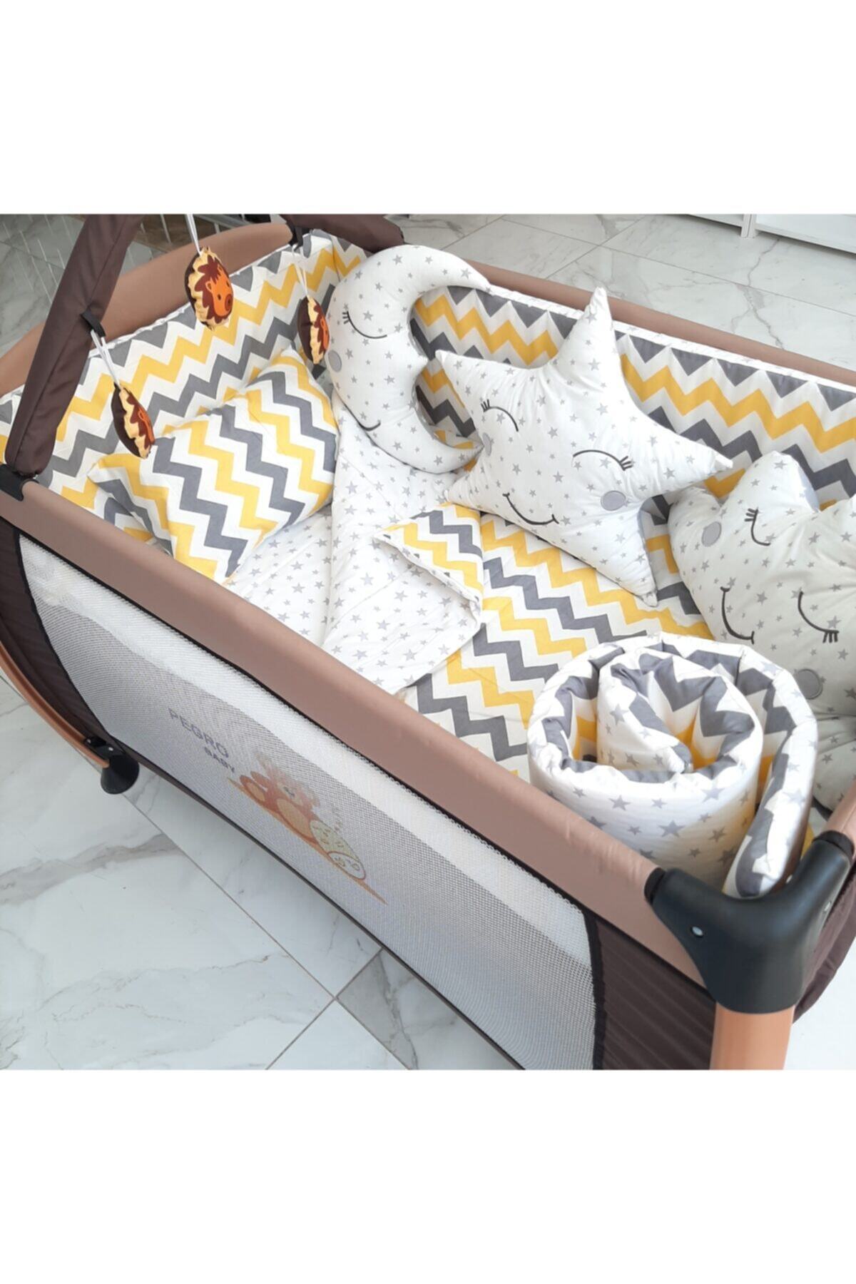 uykucubebe 70x110 Park Beşik Sarı Gri Zikzak Bebek Uyku Seti 10parca (1632kombin)