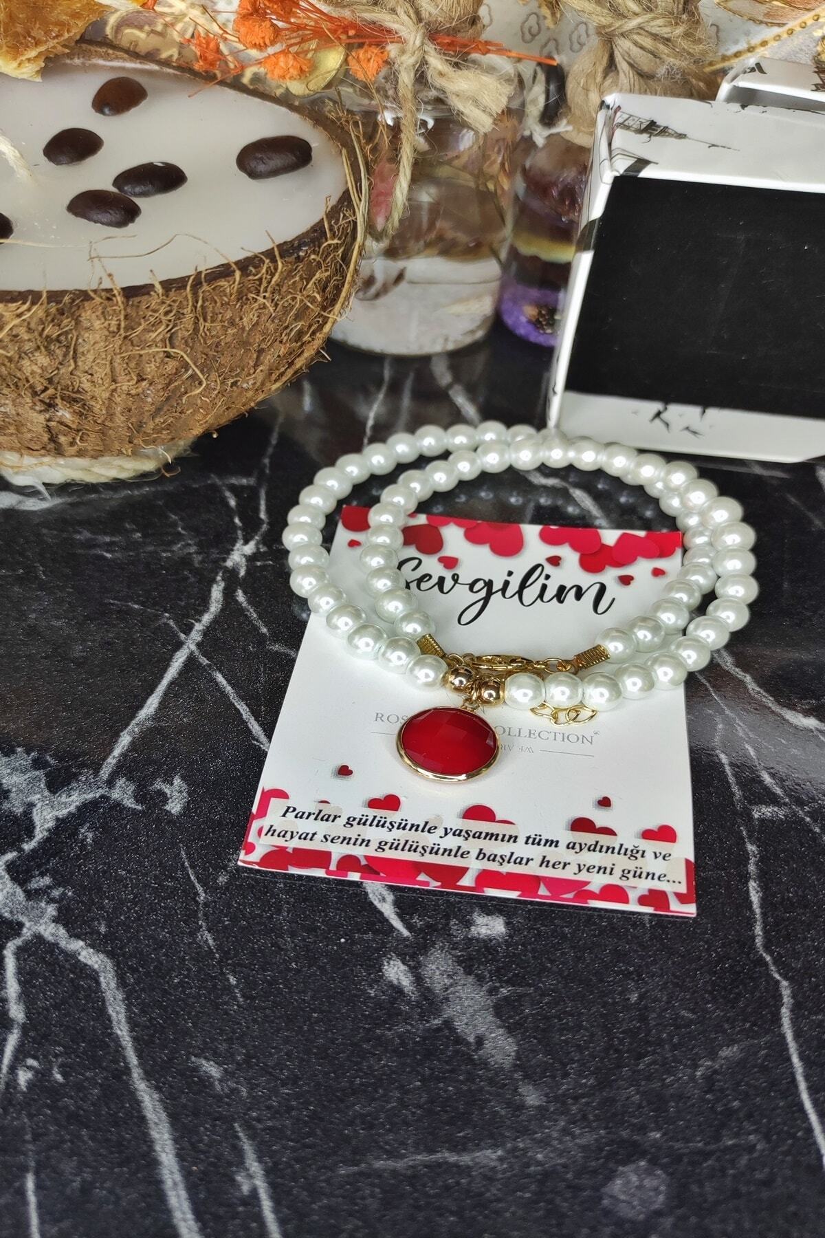 ROSALINDA COLLECTION Kadın Choker İnci Kolye, Kırmızı Taş Detaylı Choker Tasma Kolye, Sevgililer Günü Not Kartı İle