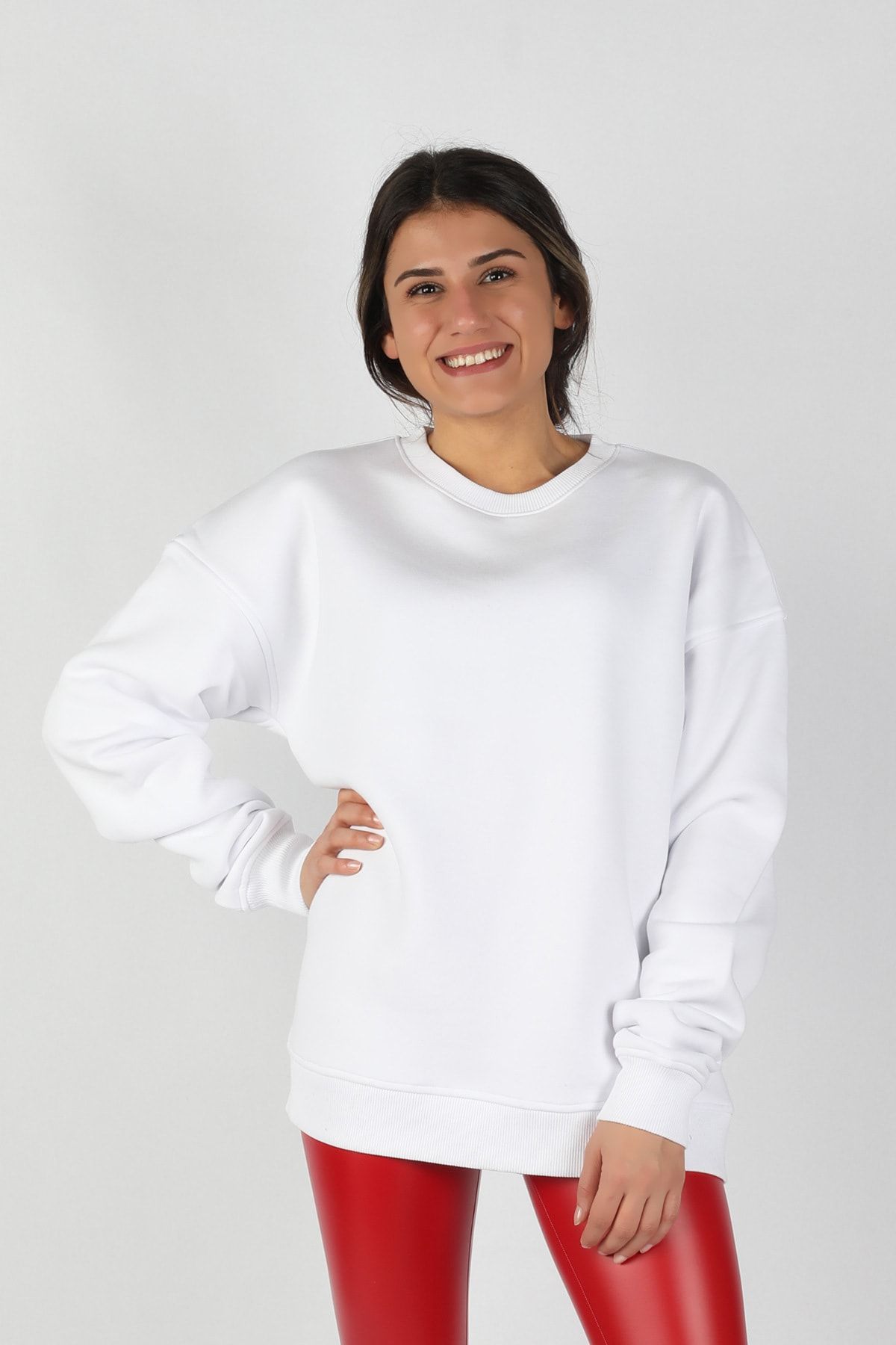 BALİNS Kadın Sıfır Yaka Baskılı 3 Iplik Sweatshirt Beyaz