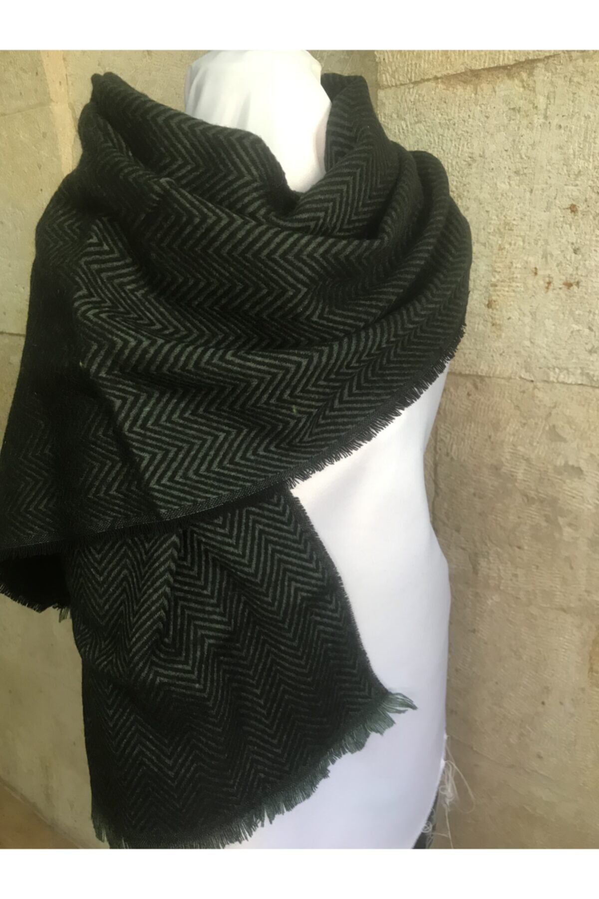 Ebru Sanat Evi Unisex Koyu Yeşil Basic Kaşmir Yün Karışımlı Geniş Atkı