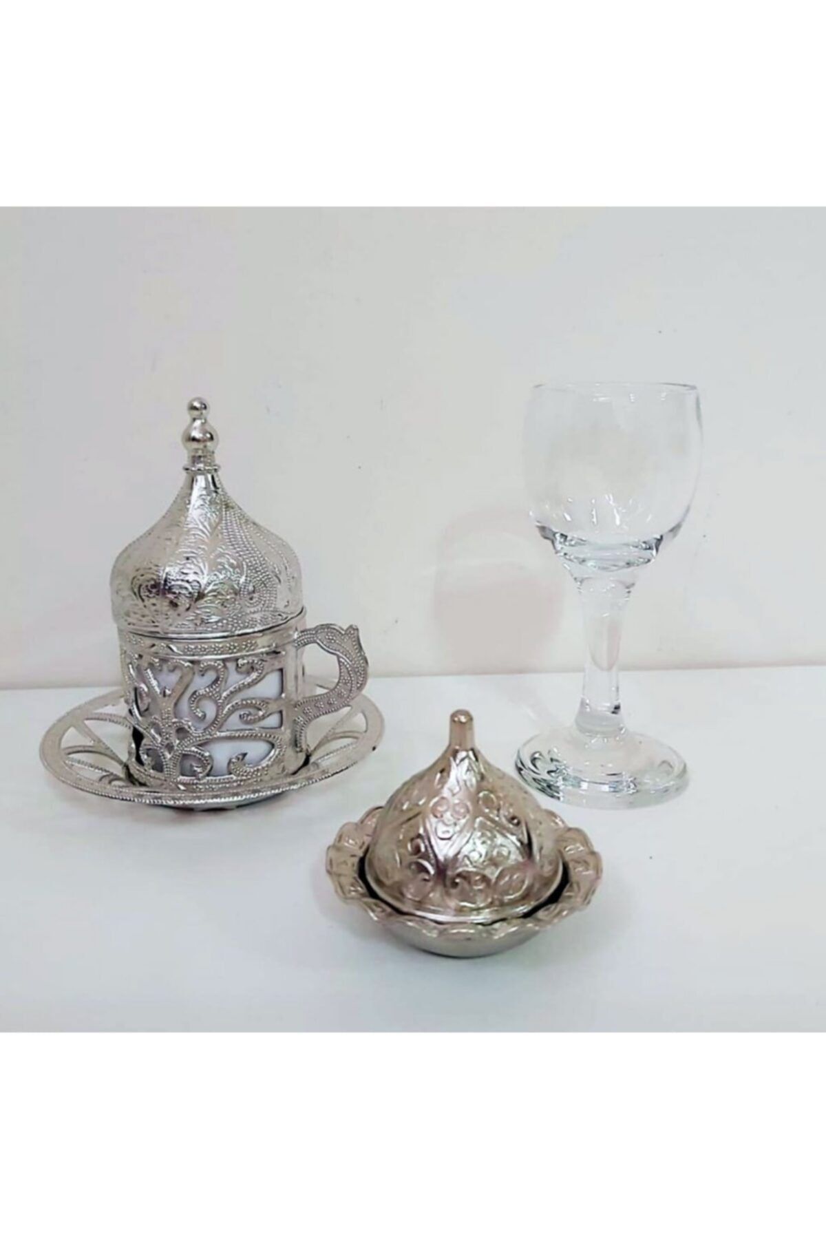 Hayaller Dükkanı Gümüş Fincan Lokumluk ve Cam Bardak Damat Kahvesi İçin 3'lü Set Metal