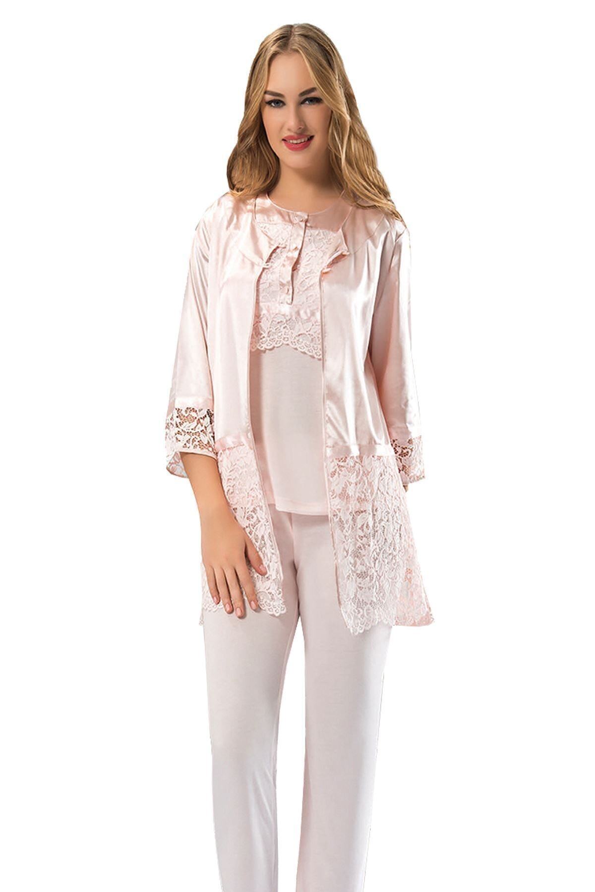 Sistina Kadın Pembe  Saten Çeyizlik Pijama Takım