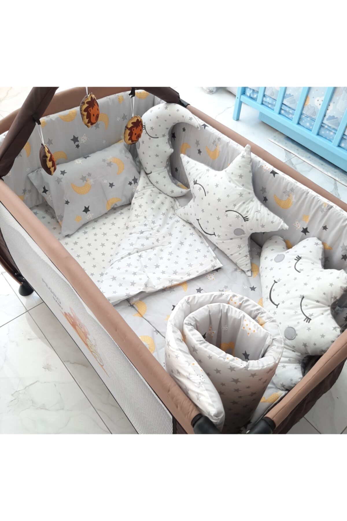 uykucubebe 70x110 Park Beşik Gri Aylı Bebek Uyku Seti 10parca (5132kombin)