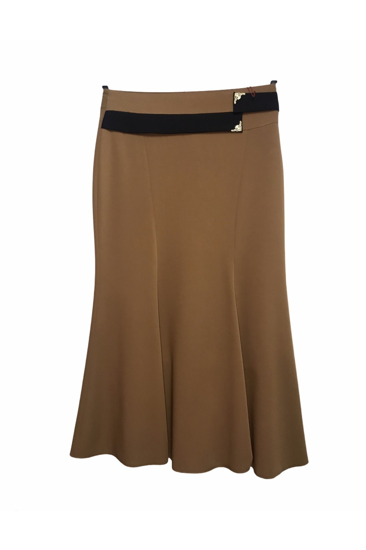 SAVCIGİYİM Kadın Kahverengi Sekiz Parçalı Kalın Kemerli Kumaş Etek