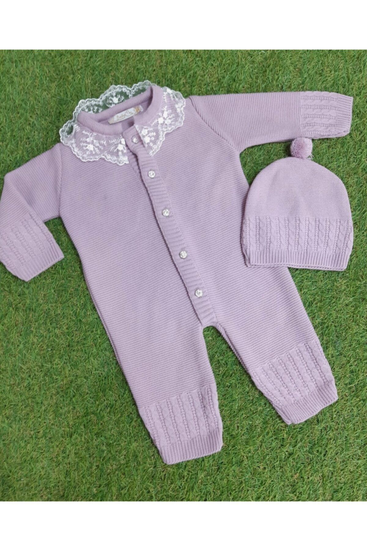 Sönmez Baby Fisto Yaka Detaylı Triko Şapkalı Kız Bebe Tulum Takımı