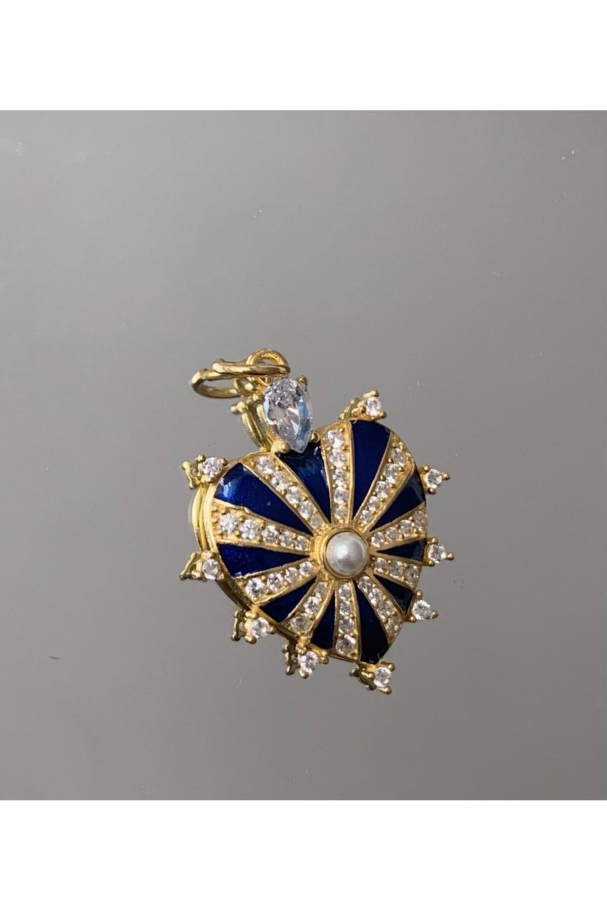 bvjewel 925 Gümüş Lacivert Gold Taşlı Incili Vintage Kalp Kolye Ucu