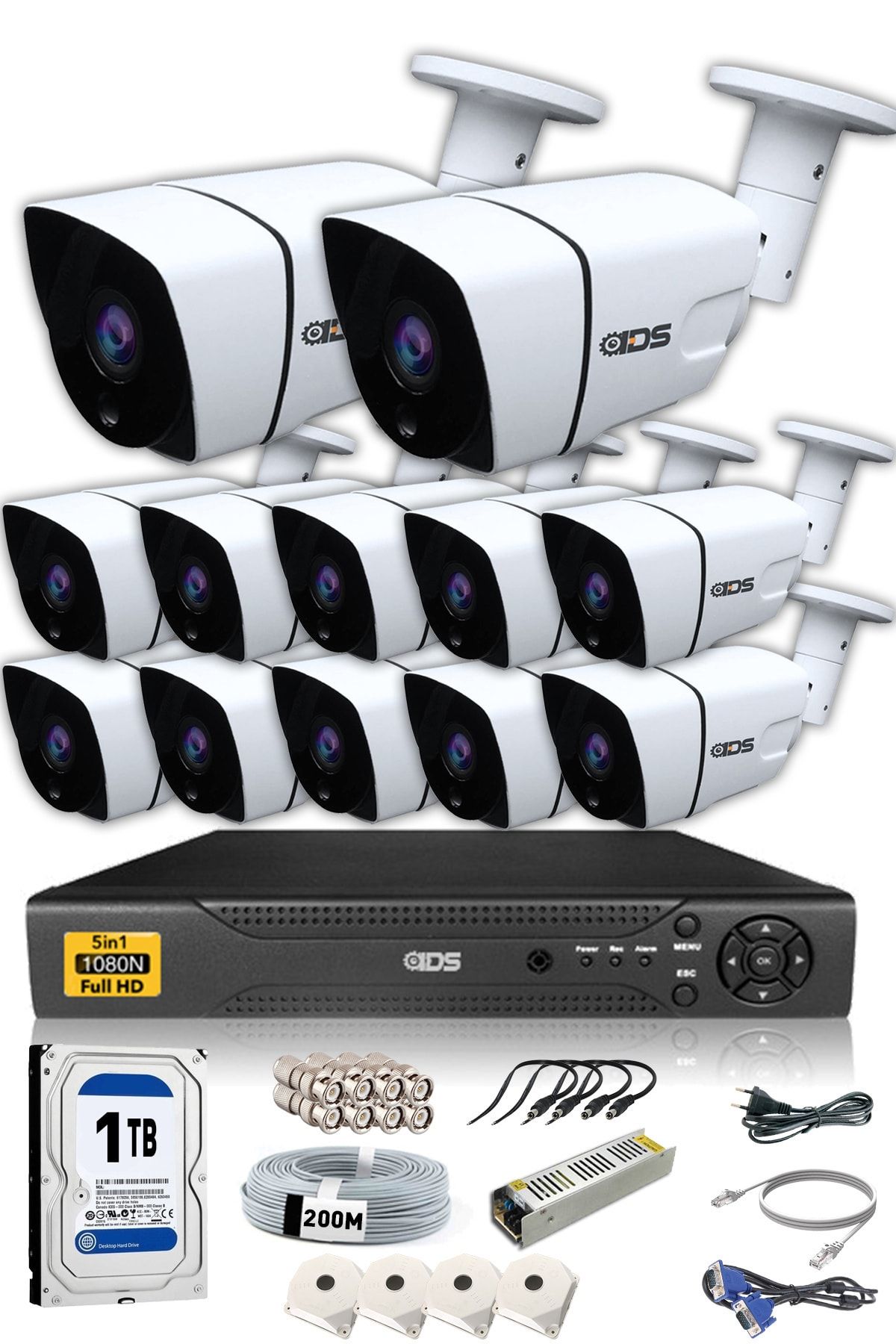 IDS 12 Kameralı 5mp Lensli 1080p Fullhd Kamera Seti - Gece Görüşlü - Su Geçirmez - Cepten Izle