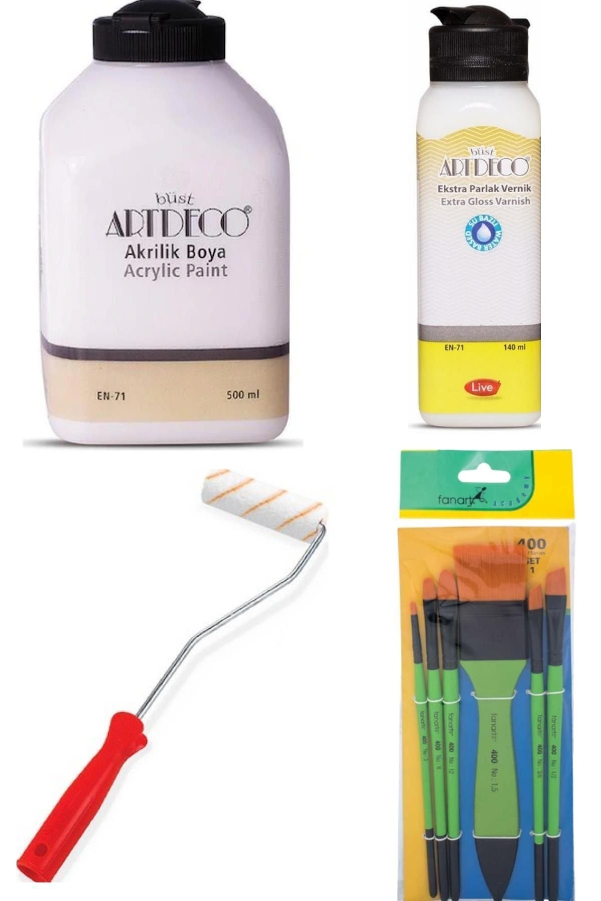 Artdeco Kozme Store Sehpa Yenileme Seti ( 500 Ml Beyaz+fanart Zemin Fırça +rulo Fırça+parlak Vernik)