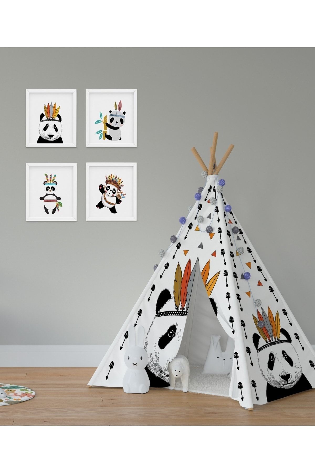 CİCİ TASARIM ÜRÜNLERİ Kızılderili Panda Renli Tüylü Kızılderili Minderli Çocuk Oyun Çadırı 140x140cm