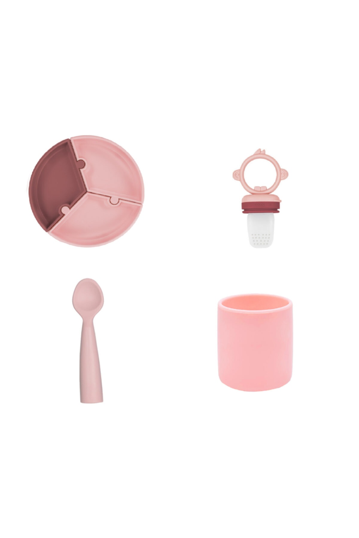 Oioi Pembe Beslenme Seti Vakumlu Puzzle Tabak + Kaşık + Bardak + Meyve Sebze Emziği- Süzgeci  4'lü