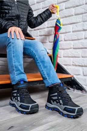 Habi Unisex Çocuk Kaydırmaz Taban Sıcak Astar Kışlık Cırtlı Outdoor Bot - Siyah Mavi Image 3