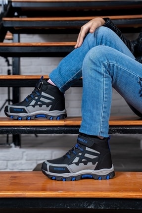 Habi Unisex Çocuk Kaydırmaz Taban Sıcak Astar Kışlık Cırtlı Outdoor Bot - Siyah Mavi Image 0