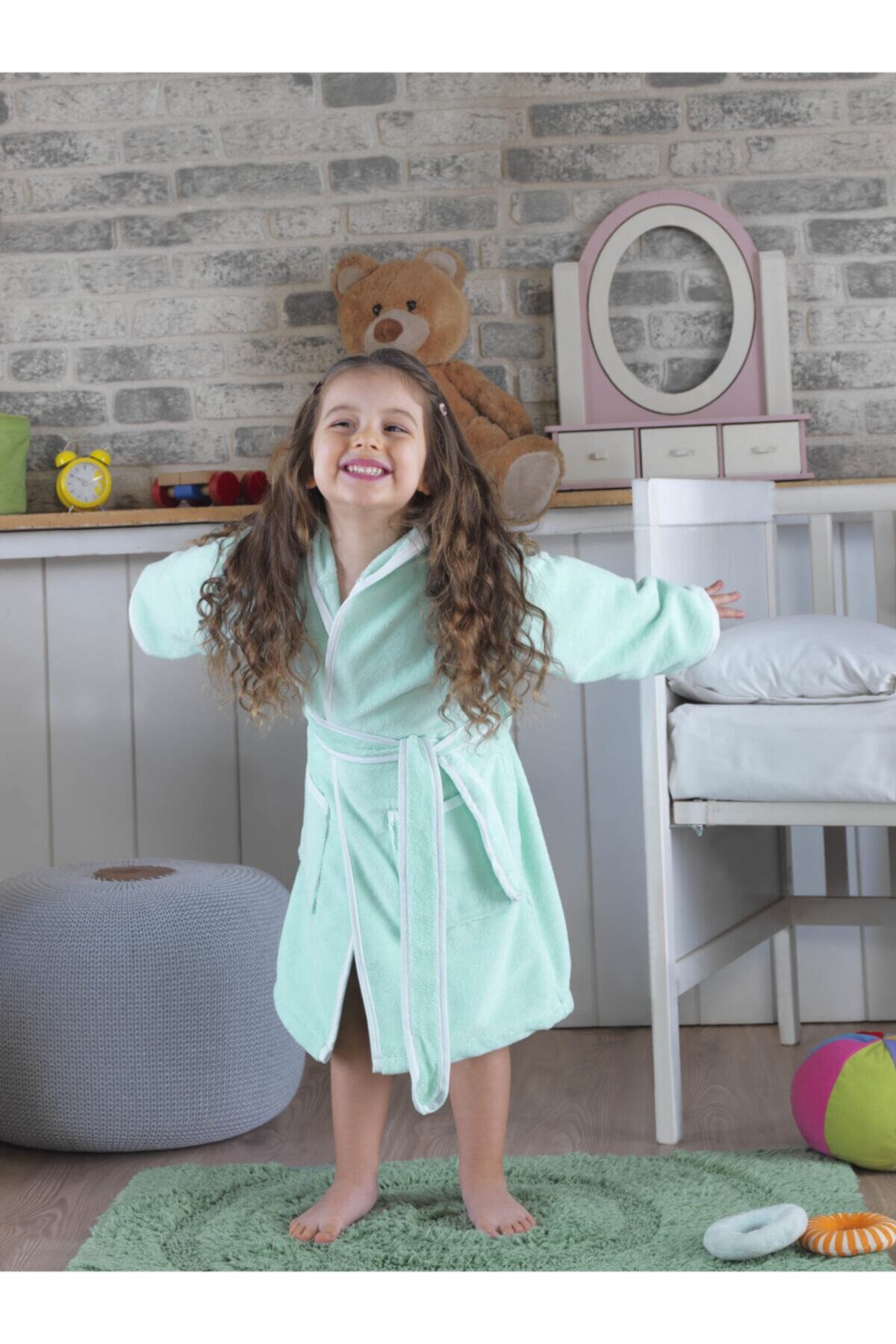 Deep And Pure Unisex Çocuk  Little Star Bambu Mint Beyaz Bornoz