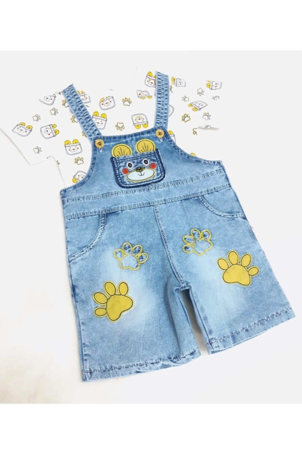 Sönmez Baby Unisex Çocuk Mavi Cepli Patili Ayı Bluzlu Kot Salopet