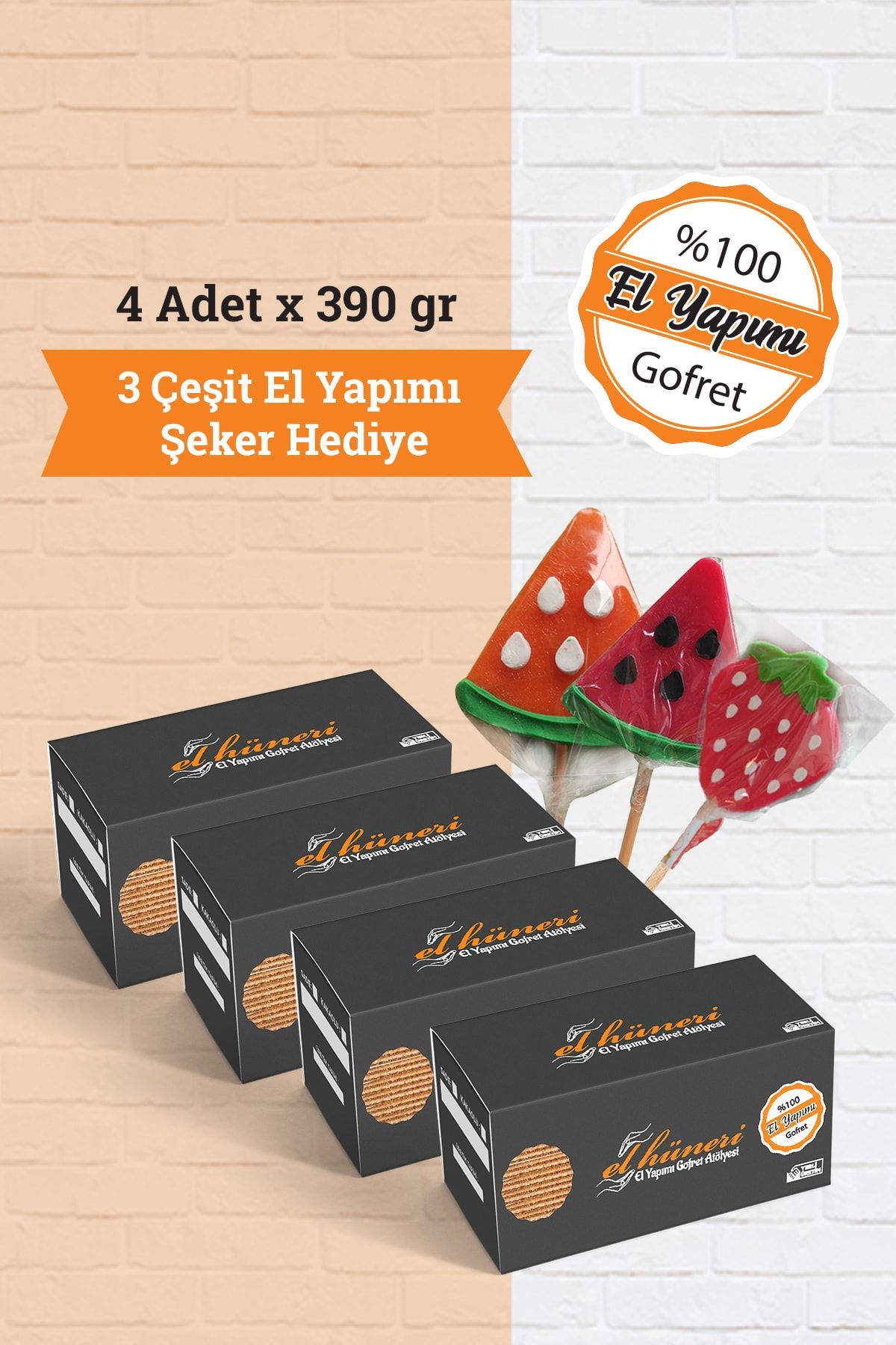 Elhuneri Gofret Elhüneri - El Yapımı 2 Sade + 2 Kakaolu Gofret + Şeker Hediyeli