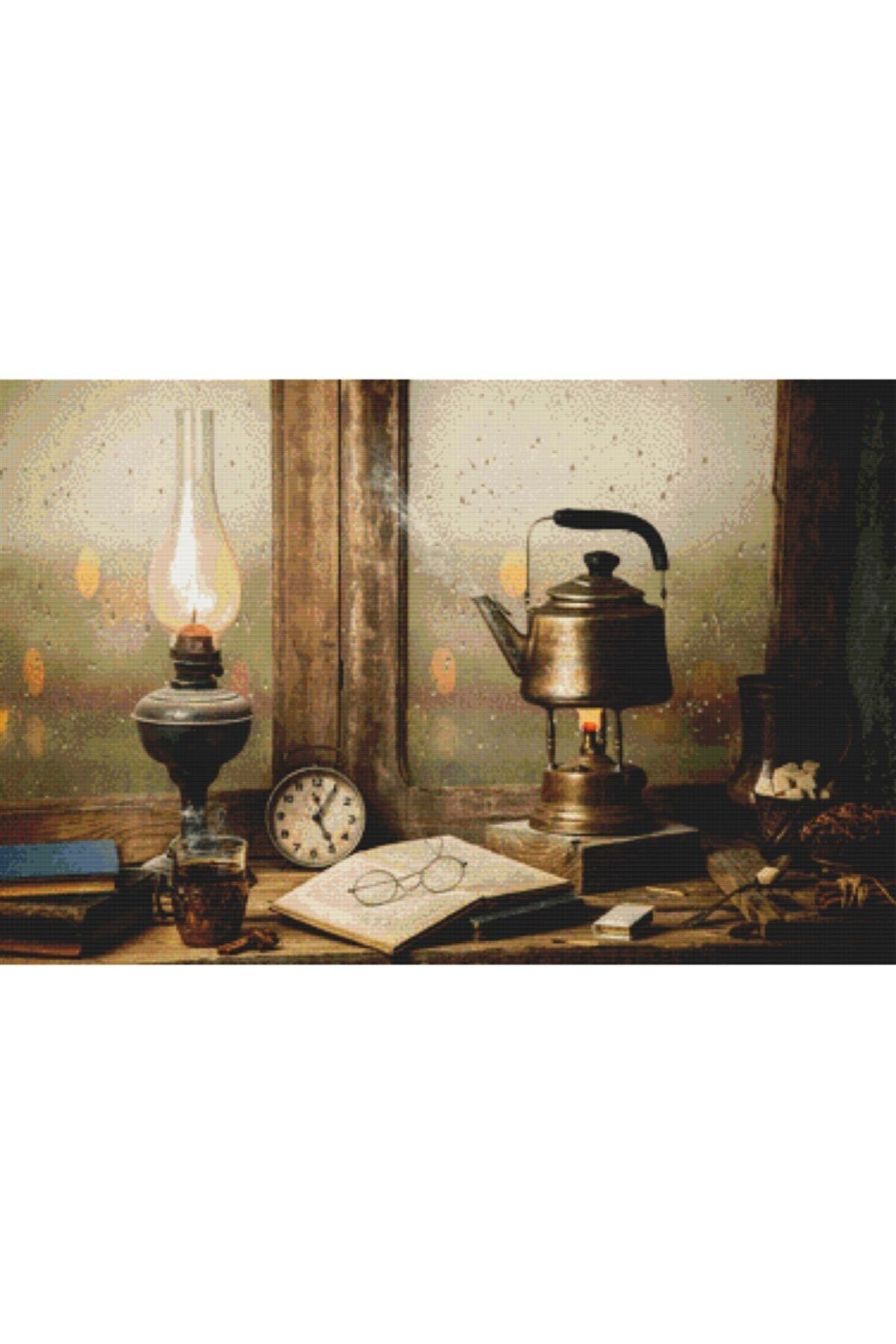 MOVAS Sanat Rustik Masada Kitap Okuma, Çay Saati Elmas Mozaik Tablo / Mozaik Puzzle 55x35cm E2020748