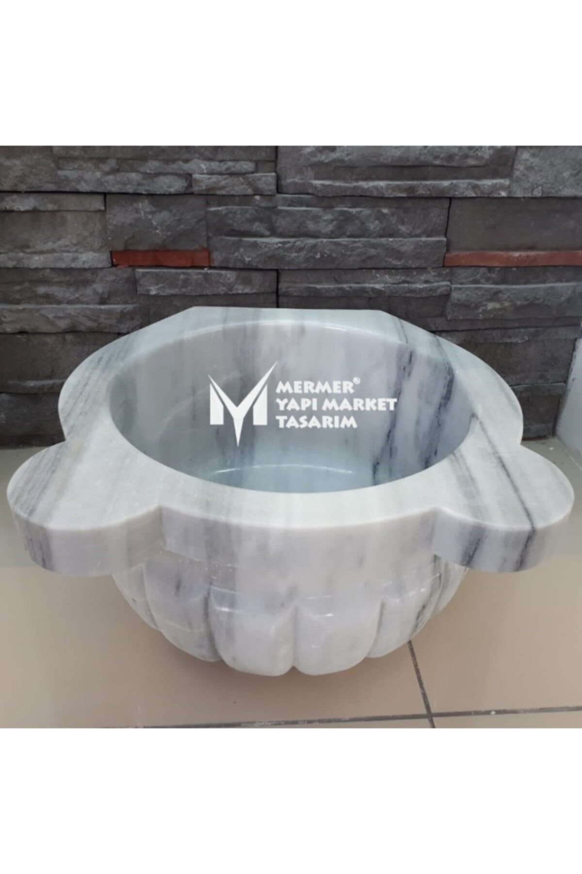 MYM Mermer Yapı Market Tasarım Marmara Pijamalı Kavun Dilimli Mermer Kurna