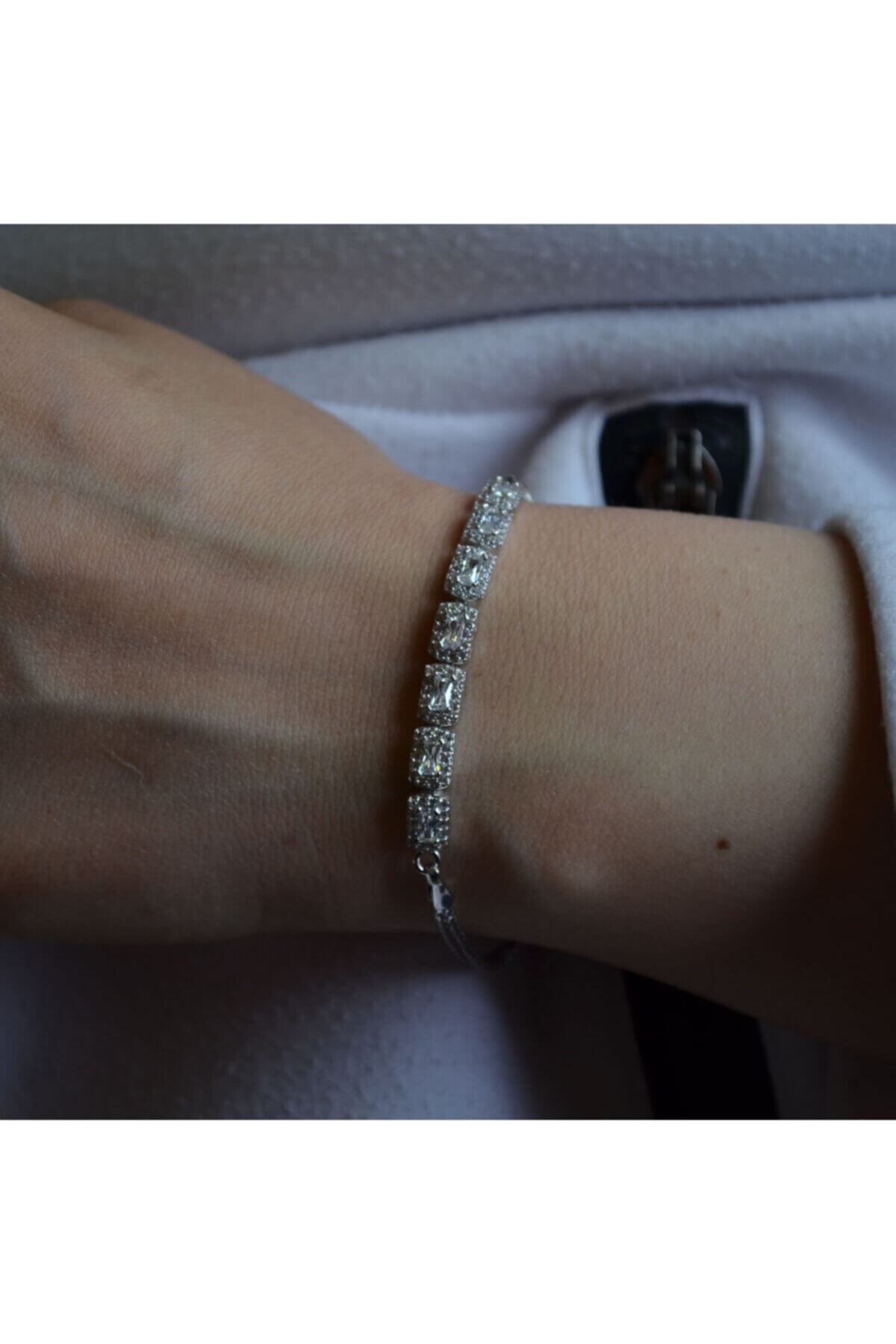 Akik Gümüş Baget Kesim Dikdötgen Swarovski Taşlı Bileklik Rodyum Kaplama