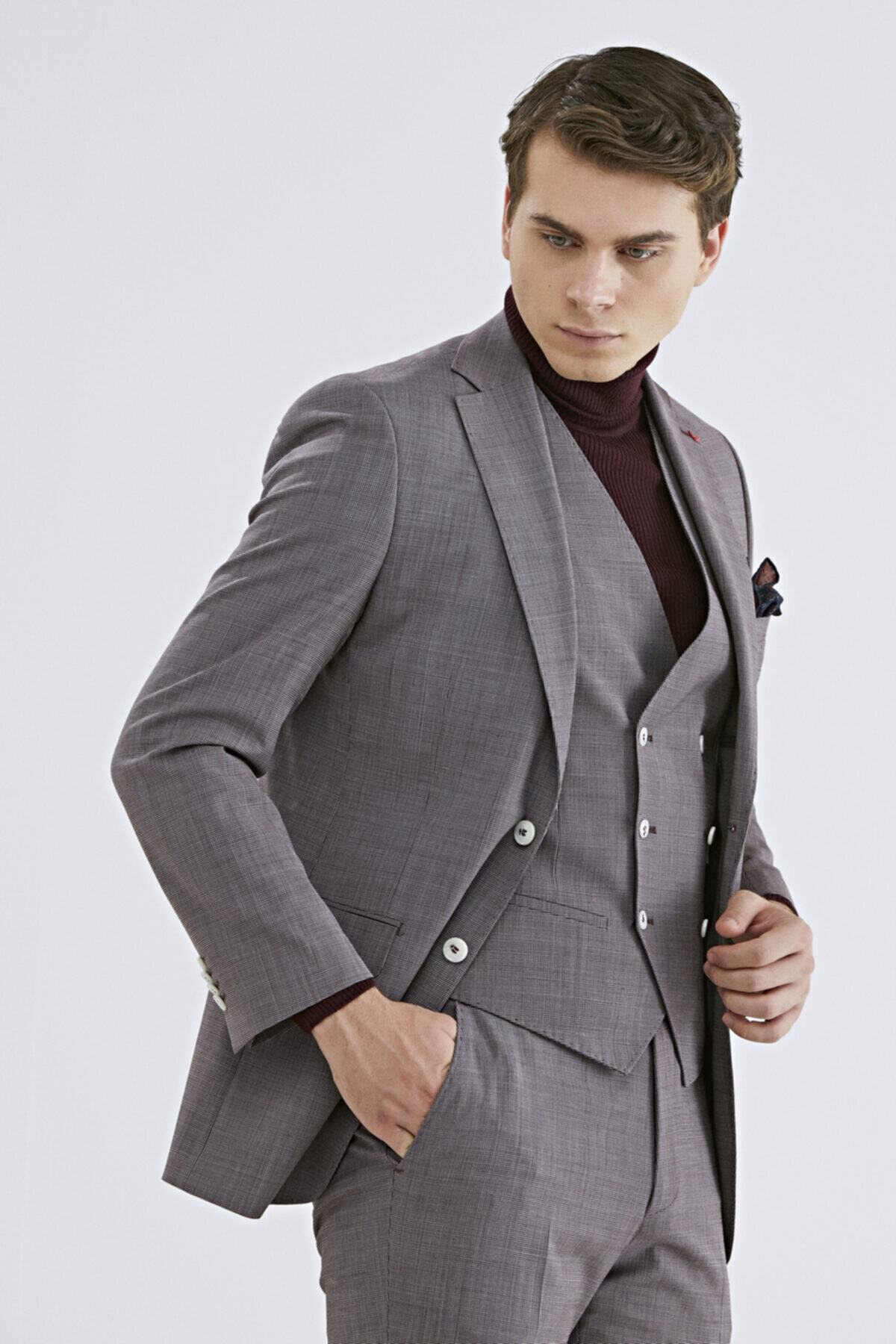 D'S Damat Slim Fit Slim Fit Kırmızı Yelekli Takım Elbise