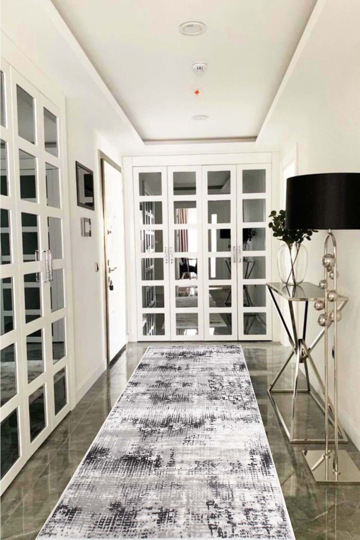 hera home Kaymaz Tabanlı Kesme Rulo Halı Yolluk Siyah Piksel Hhj410