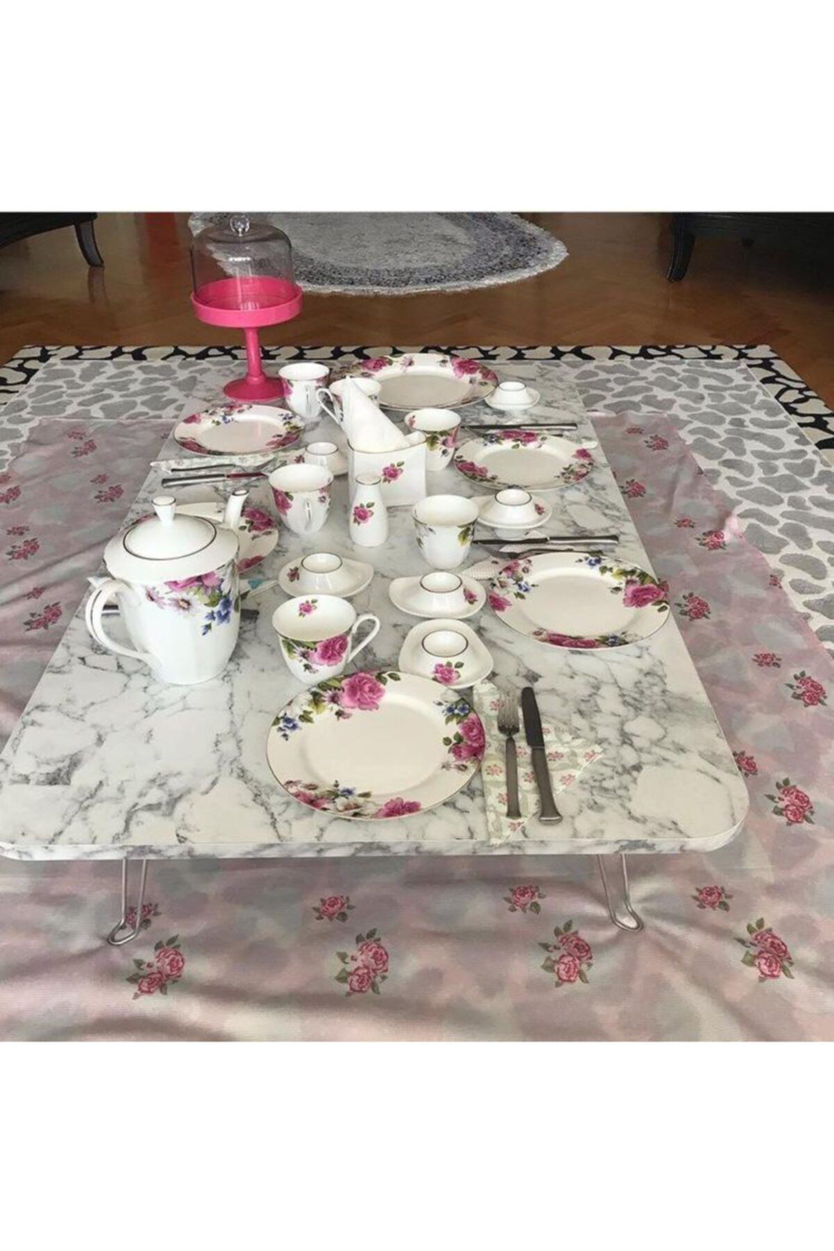 panayır 70x120 Cm Katlanabilir Ayaklı Ahşap Dökdörtgen Yer Sofrası, Beyaz Mermer Desenli