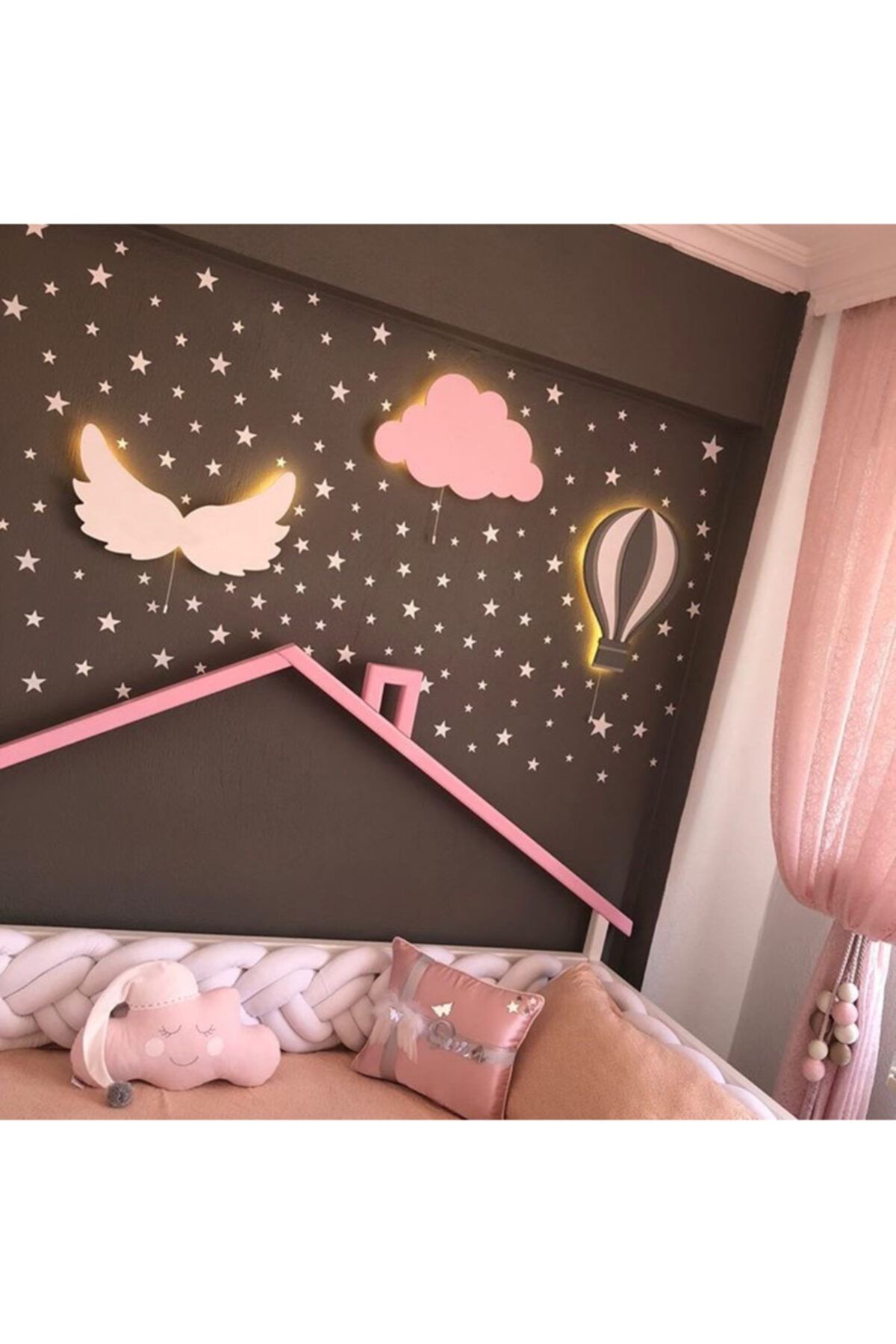 Mimus Baby Melek Kanadı Bulut Uçan Balon 3’lü Set Ahşap Lamba Ve 100 Yıldız Beyaz Sticker