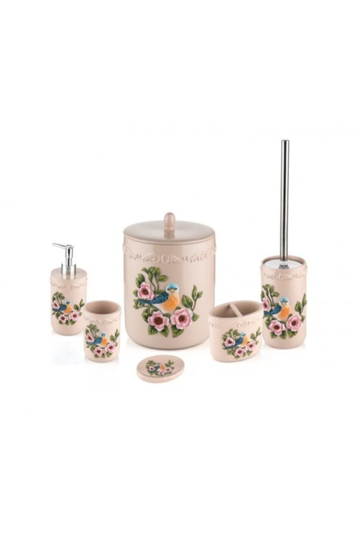 Porio Pr79-1007 - Krem Kuş Desenli 6lı Banyo Seti
