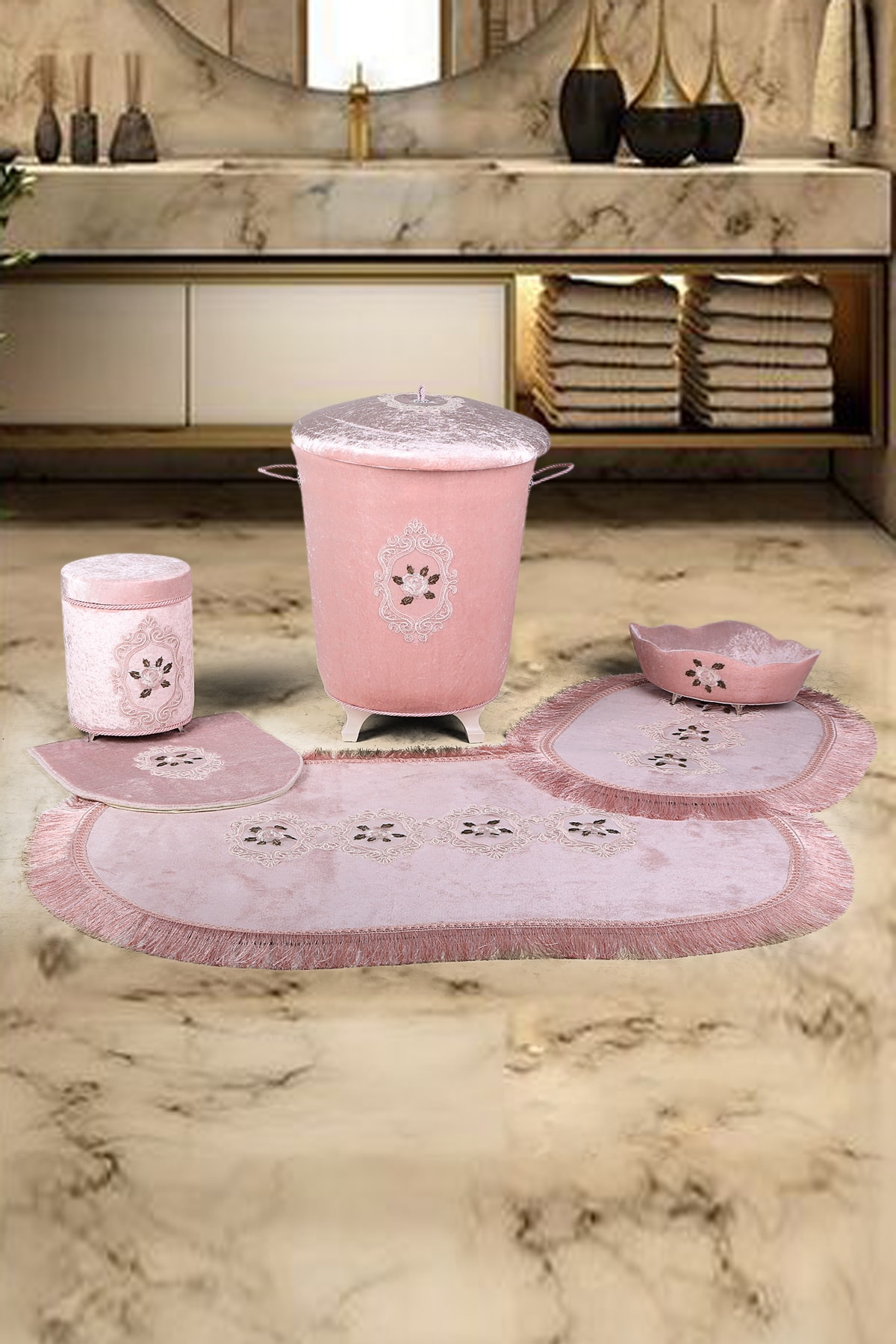 Bonny Home Shems Pudra 6 Prç Dantelli Banyo Kirli Çamaşır Sepeti Seti + Banyo Paspası Seti