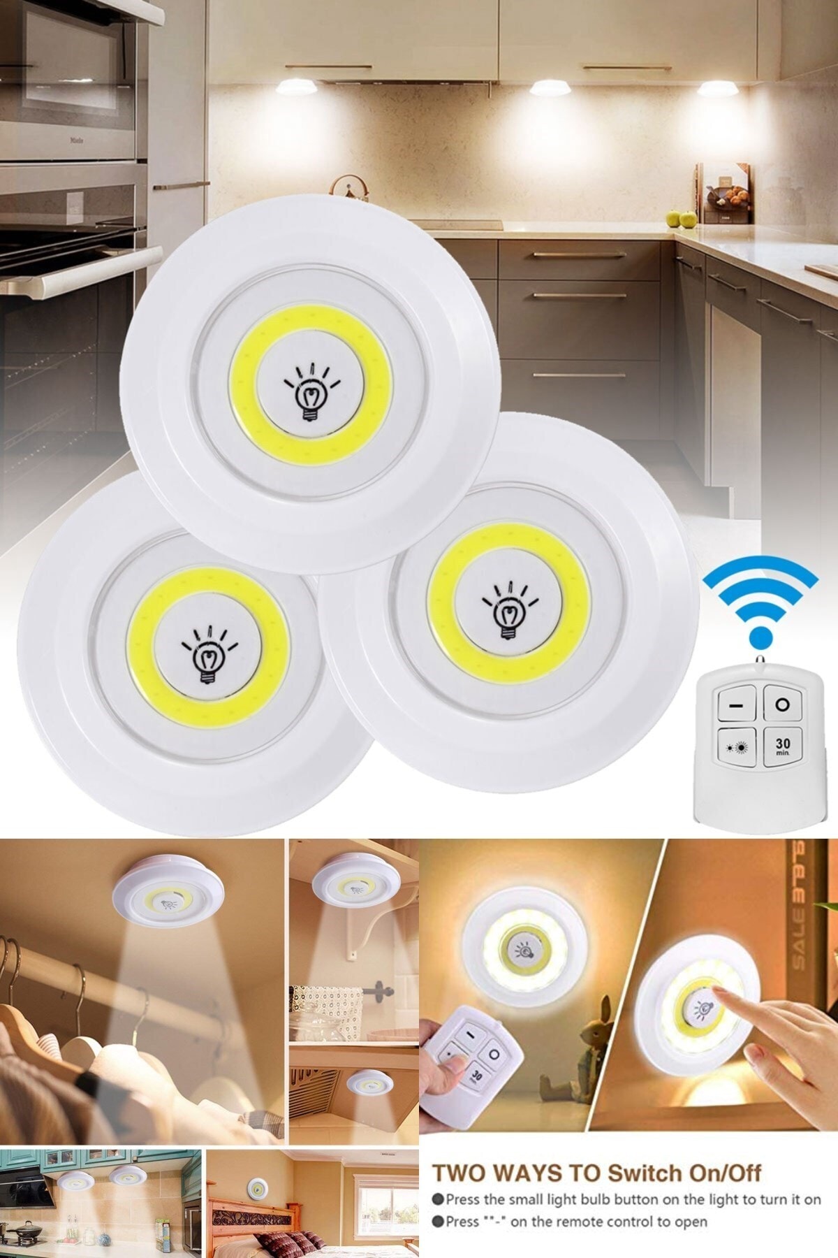 KARA KEÇİ TİCARET 3'lü Uzaktan Kumandalı Pilli Yapışkanlı Kablosuz Led Spot Lambalar