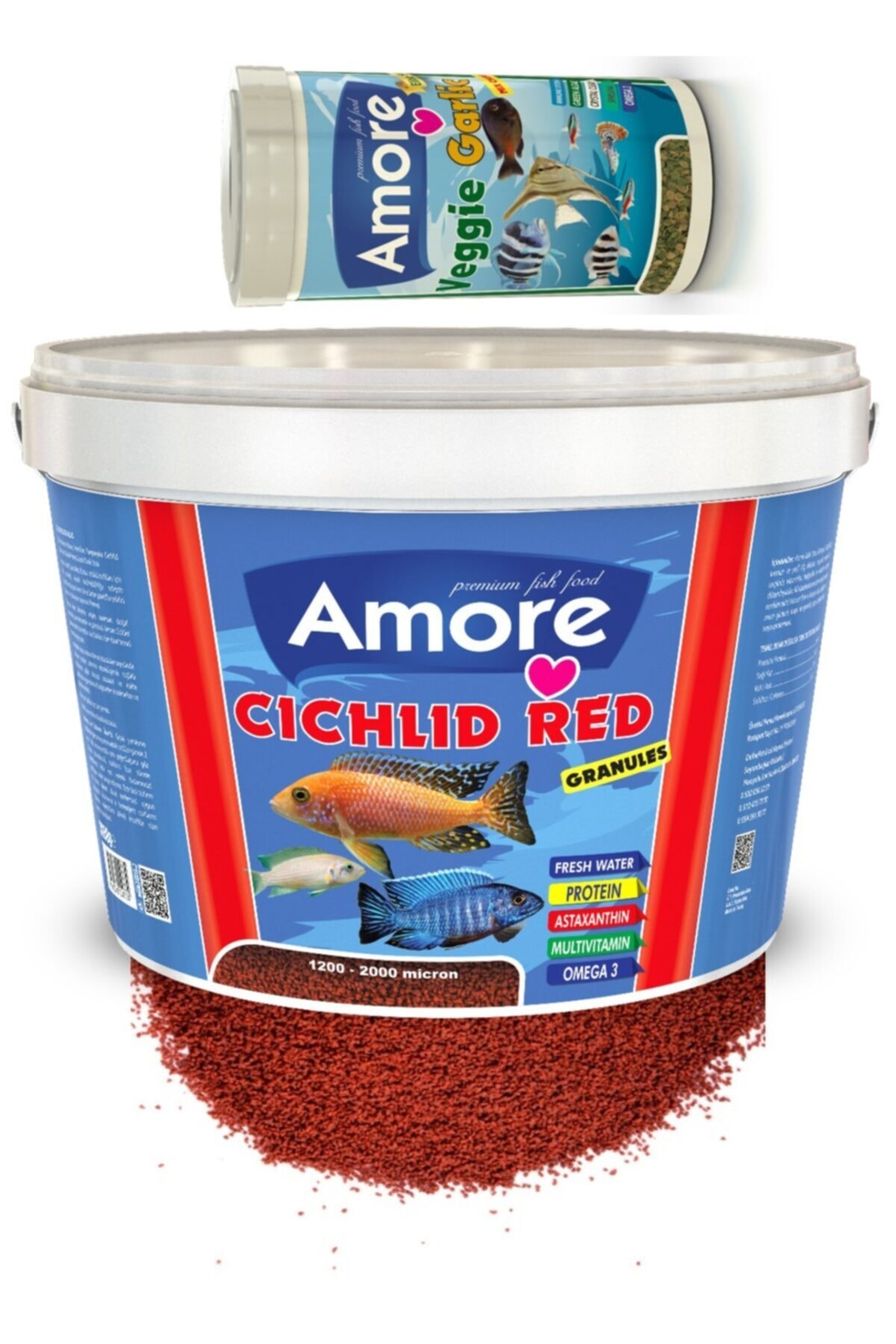 AMORE Cichlid Red 3 Kg Kova + Veggie Garlic Pro Chips 250ml Kutu Akvaryum Balık Yemi