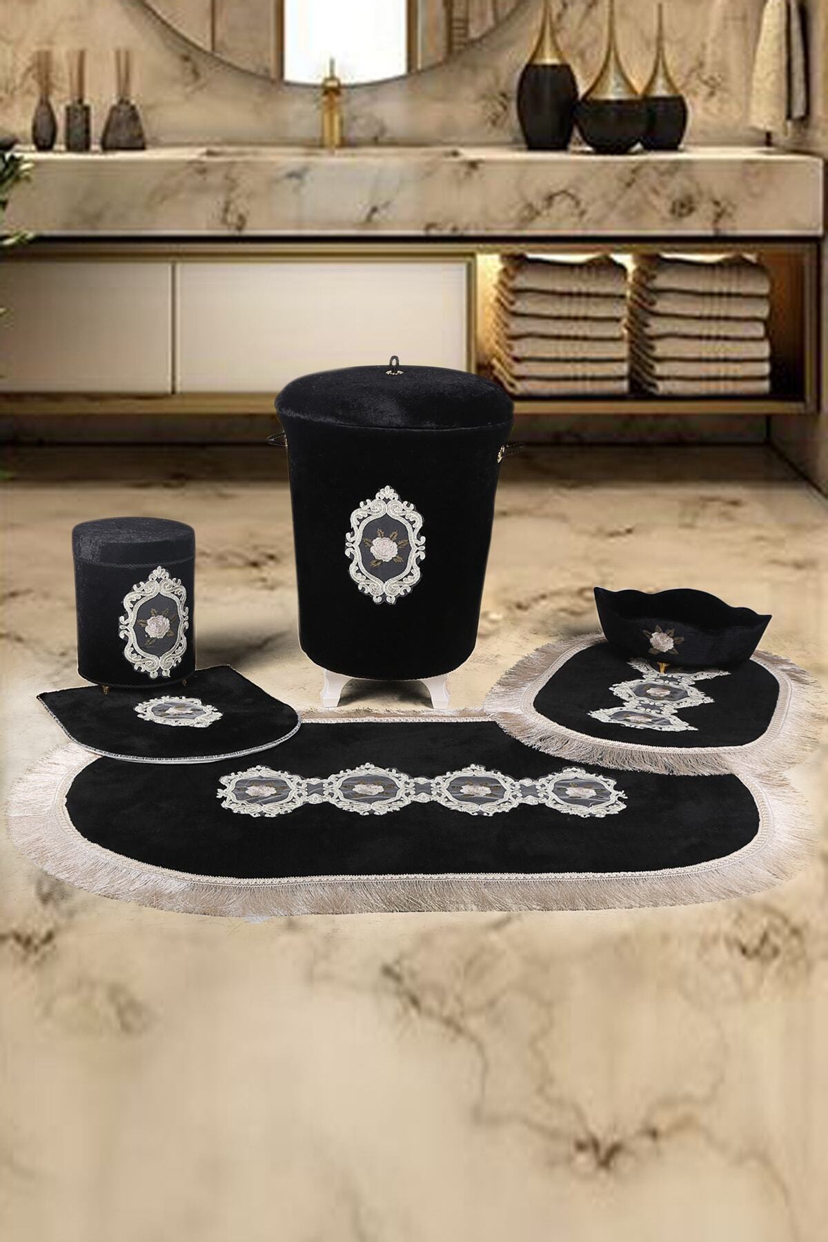Bonny Home Shems Siyah 6 Prç Dantelli Banyo Kirli Çamaşır Sepeti Seti Banyo Paspası Seti