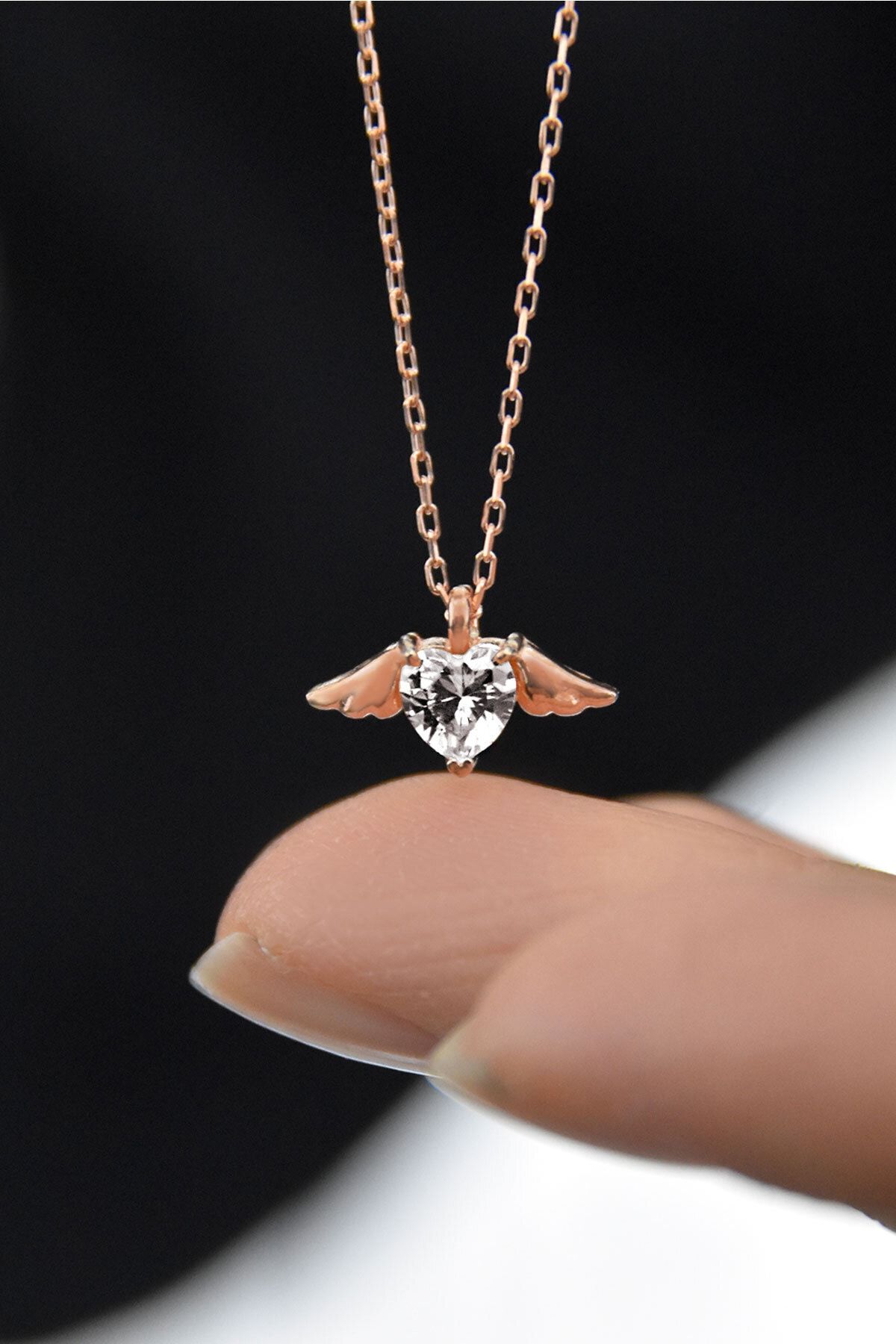 Papatya Silver 925 Ayar Gümüş Rose Kaplama Beyaz Taşlı Kalp Kanat Kolye