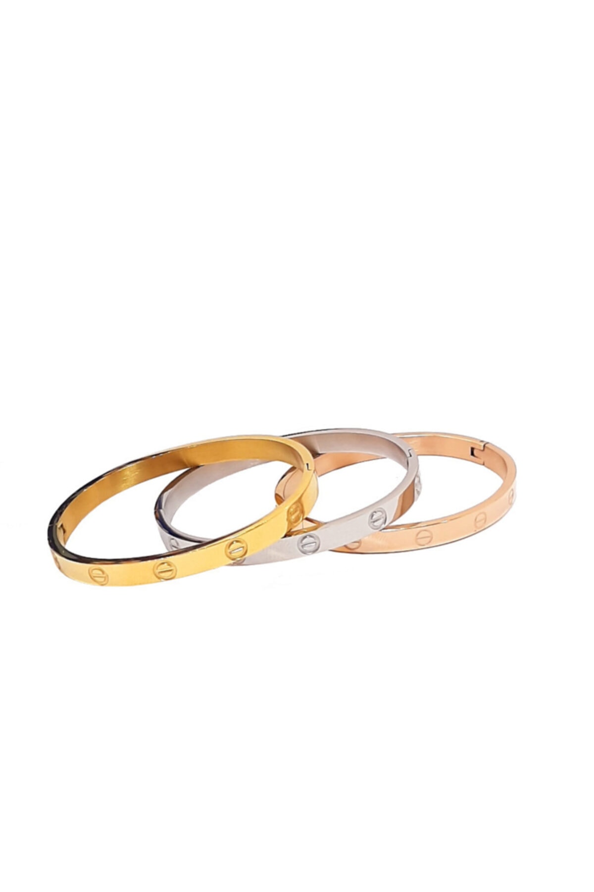 HemaZen Kadın Altın Çelik Kelepçe Bileklik Üçlü Kombin Set Cartier Model Bilezik