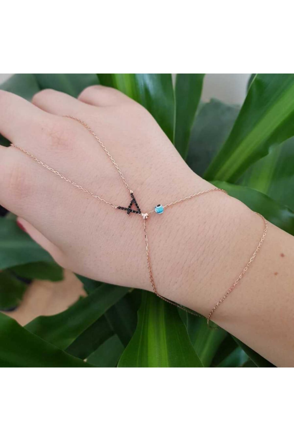 CNG Nazar Boncuklu Siyah Taşlı A Harfi Gümüş Şahmeran Bileklik