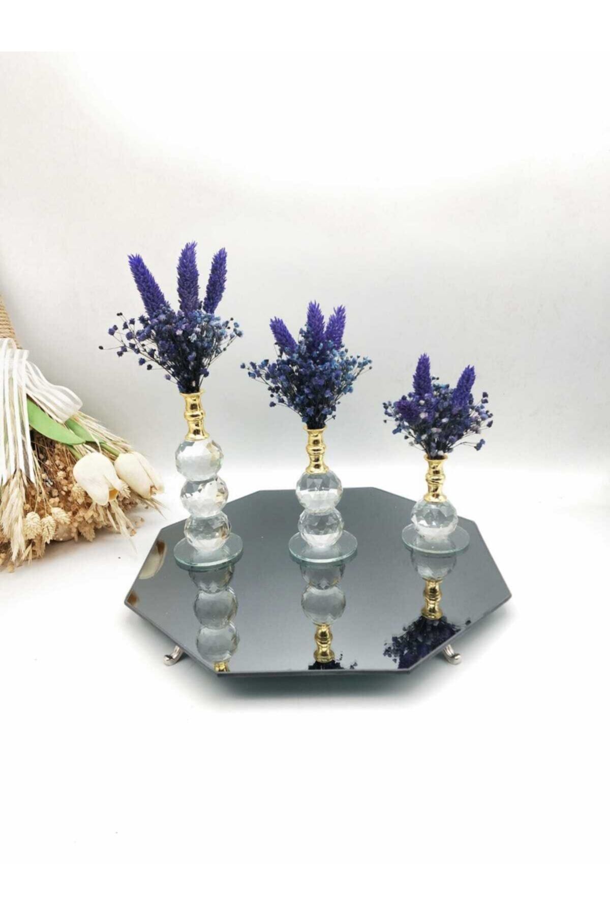 ZEKAAVM Mor Çiçekli 3'lü Kristal Gold Set
