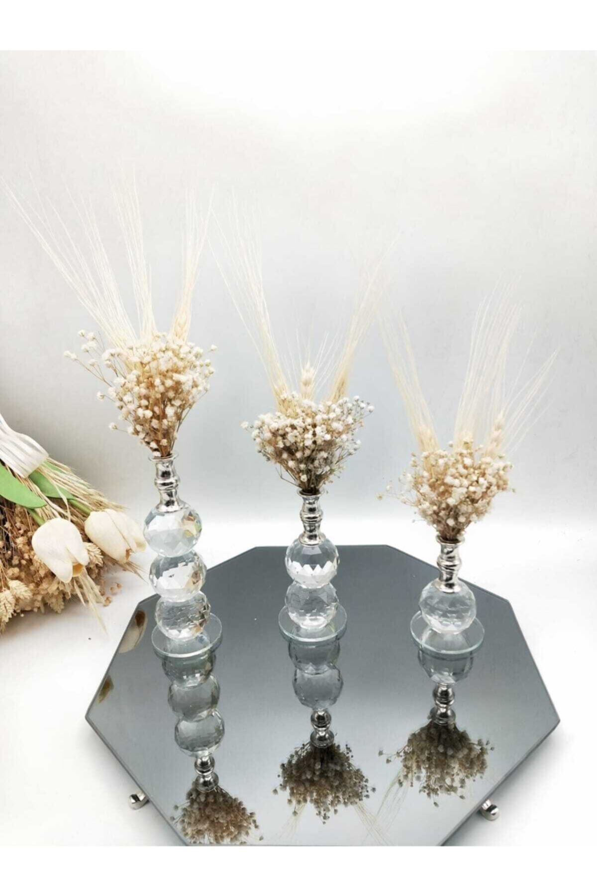 ZEKAAVM 3'lü Kristal Gümüş Krem Çiçekli Set