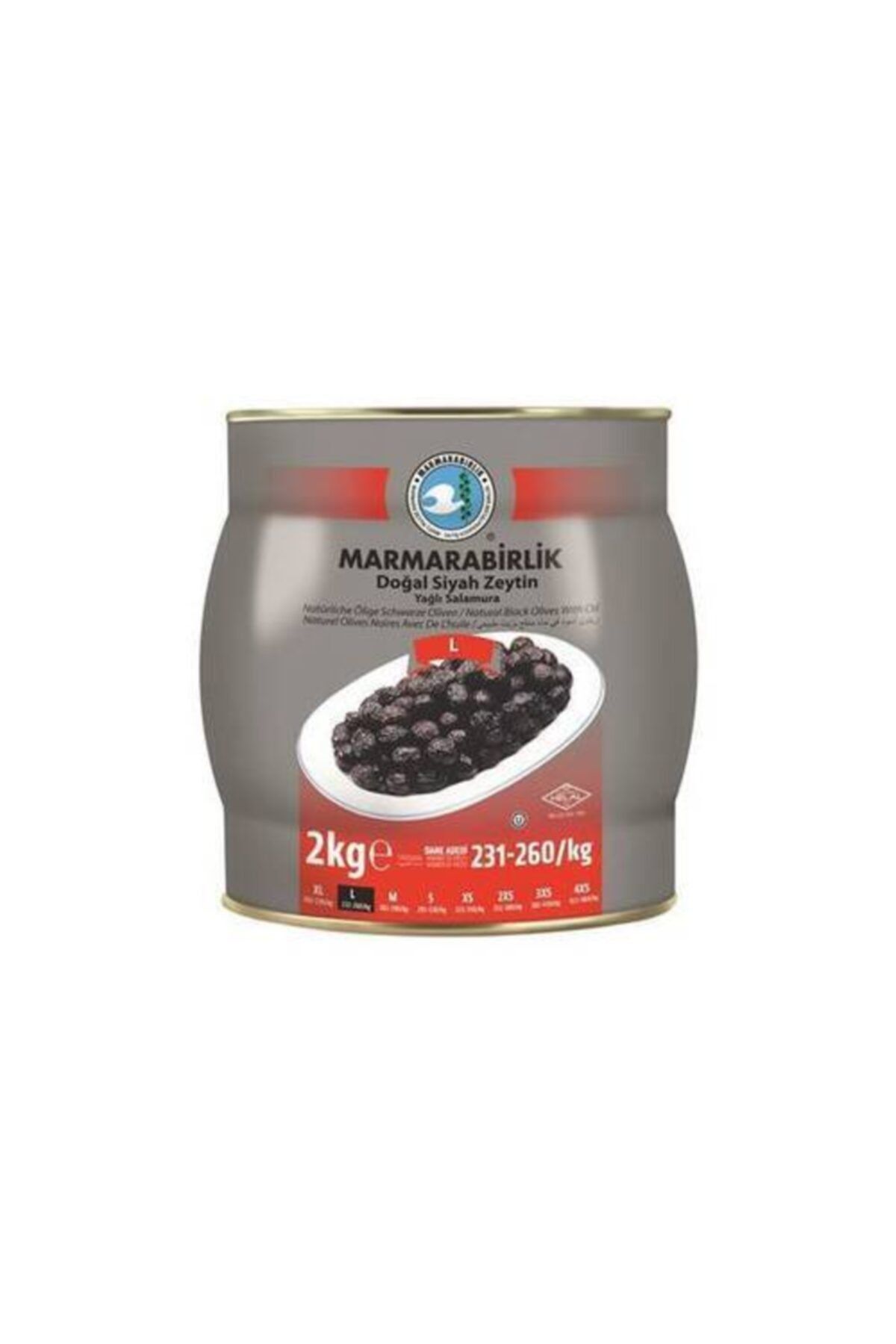 MarmaraBirlik L Hiper Salamura Siyah Zeytin 231-260 2 kg Teneke