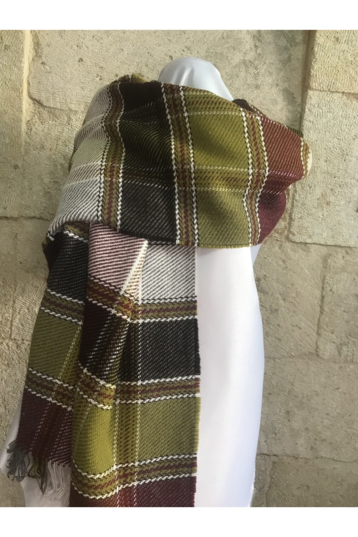 Ebru Sanat Evi Kadın Bordo Ekoseli Yün Pamuk Karışımlı Şal