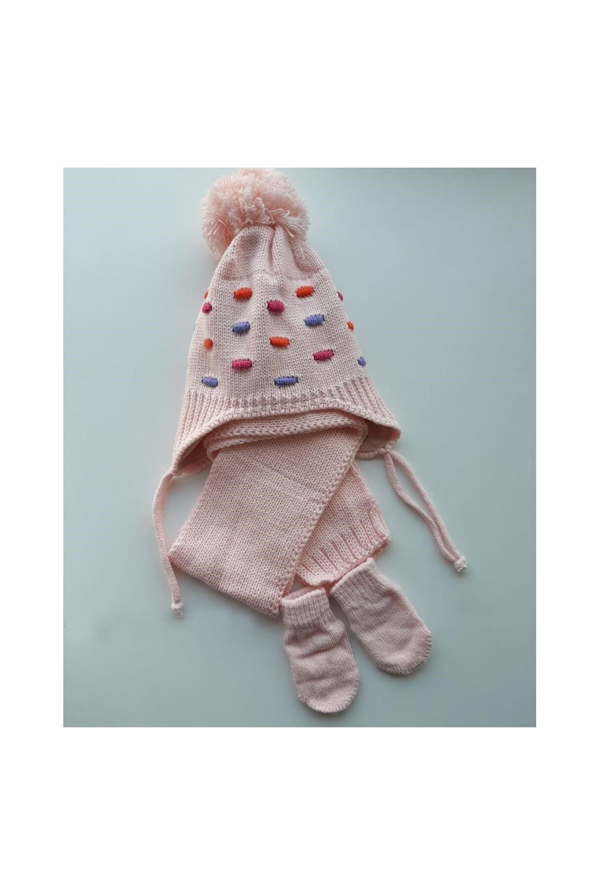 Kitti Kız Çocuk Pembe Atkı & Bere & Eldiven Üçlü Takım  k2900-03