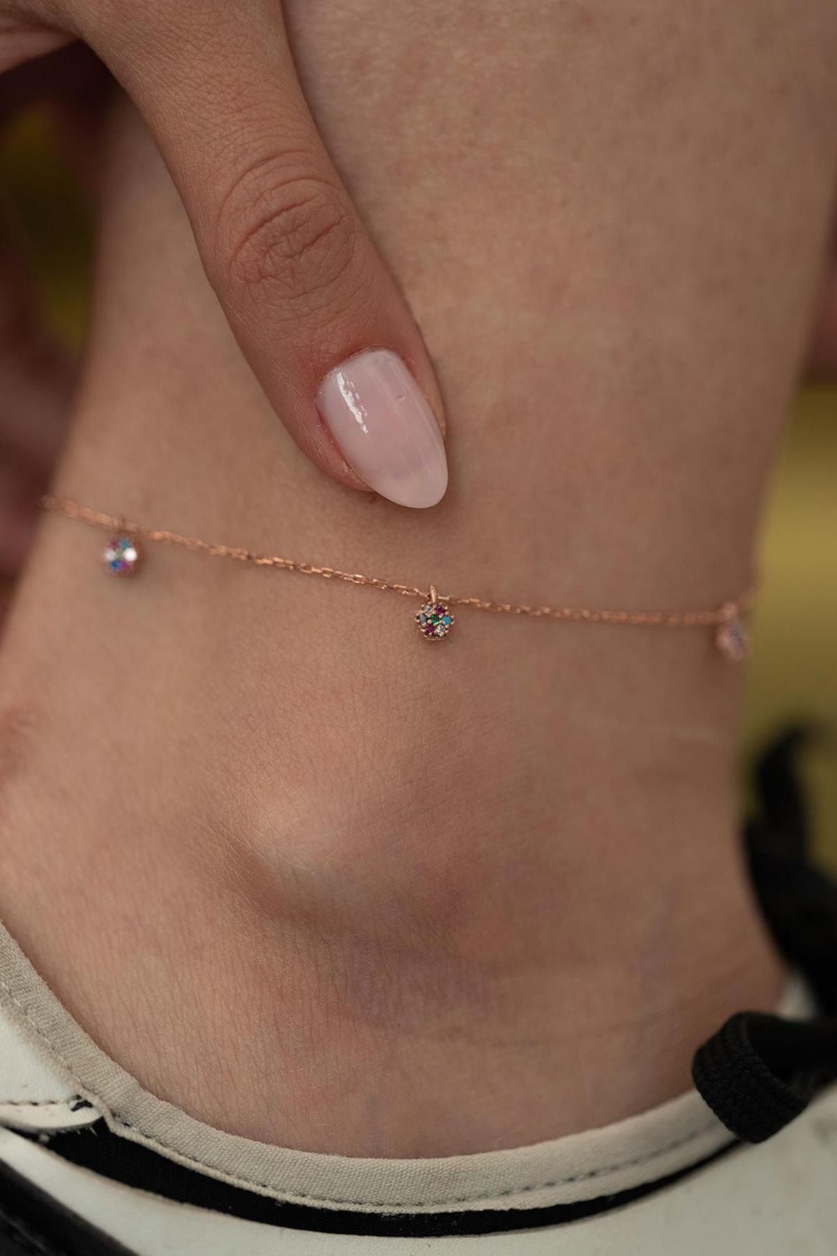 İzla Design Kadın Papatya Model Mix Taşlı Rose Kaplama Gümüş İtalyan Halhal