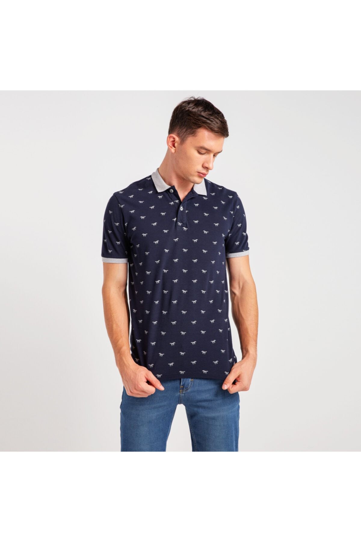 Mustang At Desen Pano Baskılı Erkek Polo T-shirt Lacivert