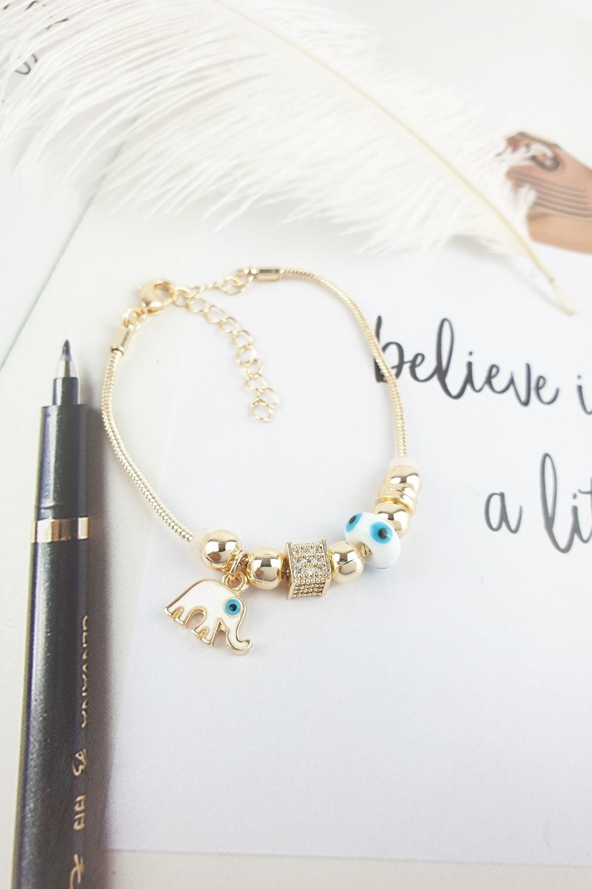 Çlk Accessories Beyaz Fil Figür Bileklik B350 Zirkon Küpe Hediyeli