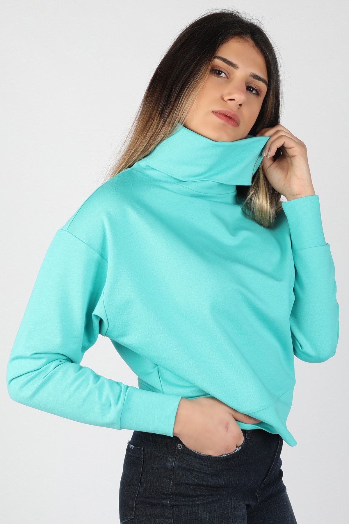 BALİNS Kadın Turkuaz 2 Iplik Degaje Yaka Sweatshirt