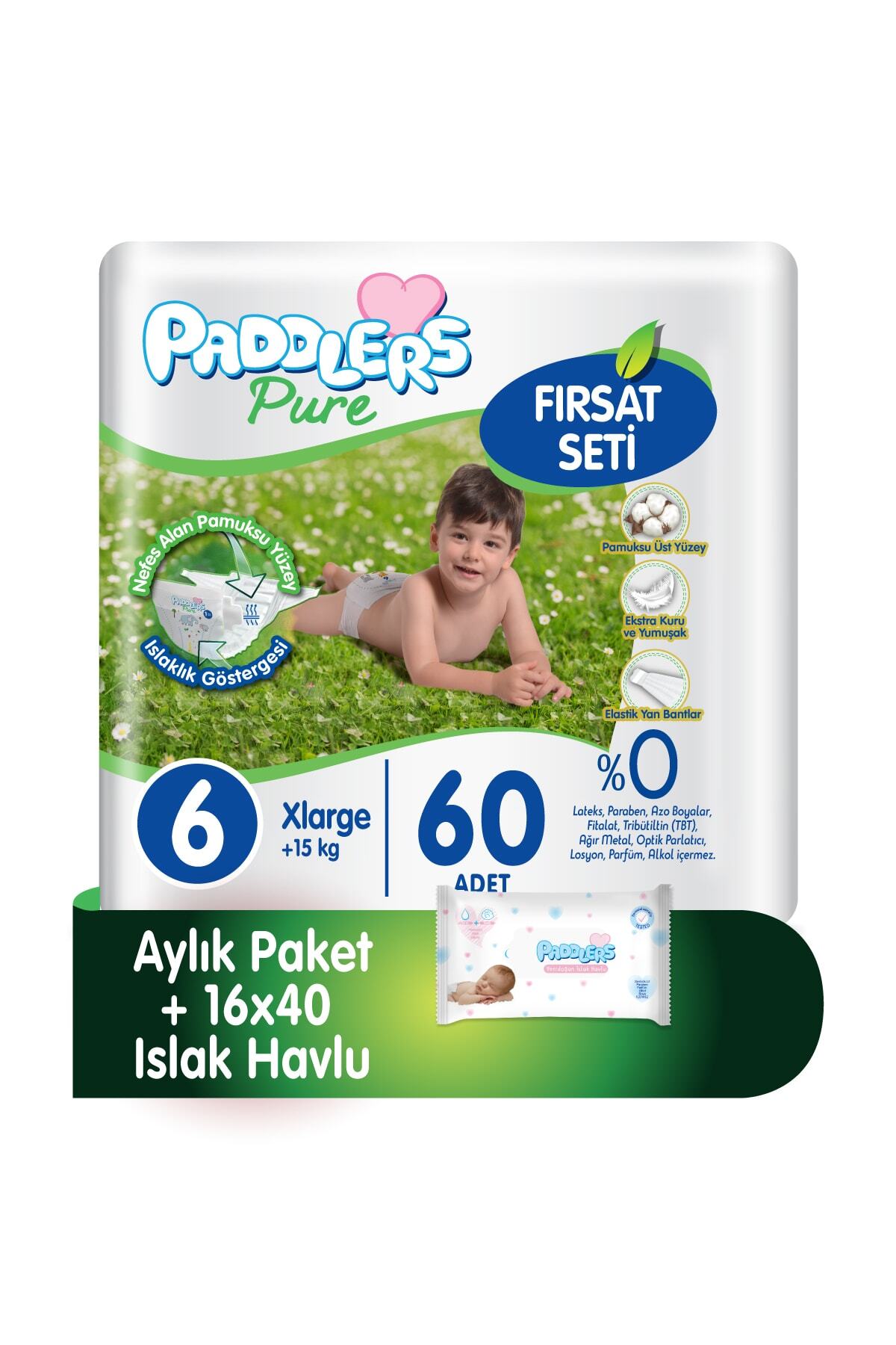 Paddlers Pure Bebek Bezi 6 Numara X-large 60 Adet 15 + kg + 16x40 Islak Havlu Fırsat Seti