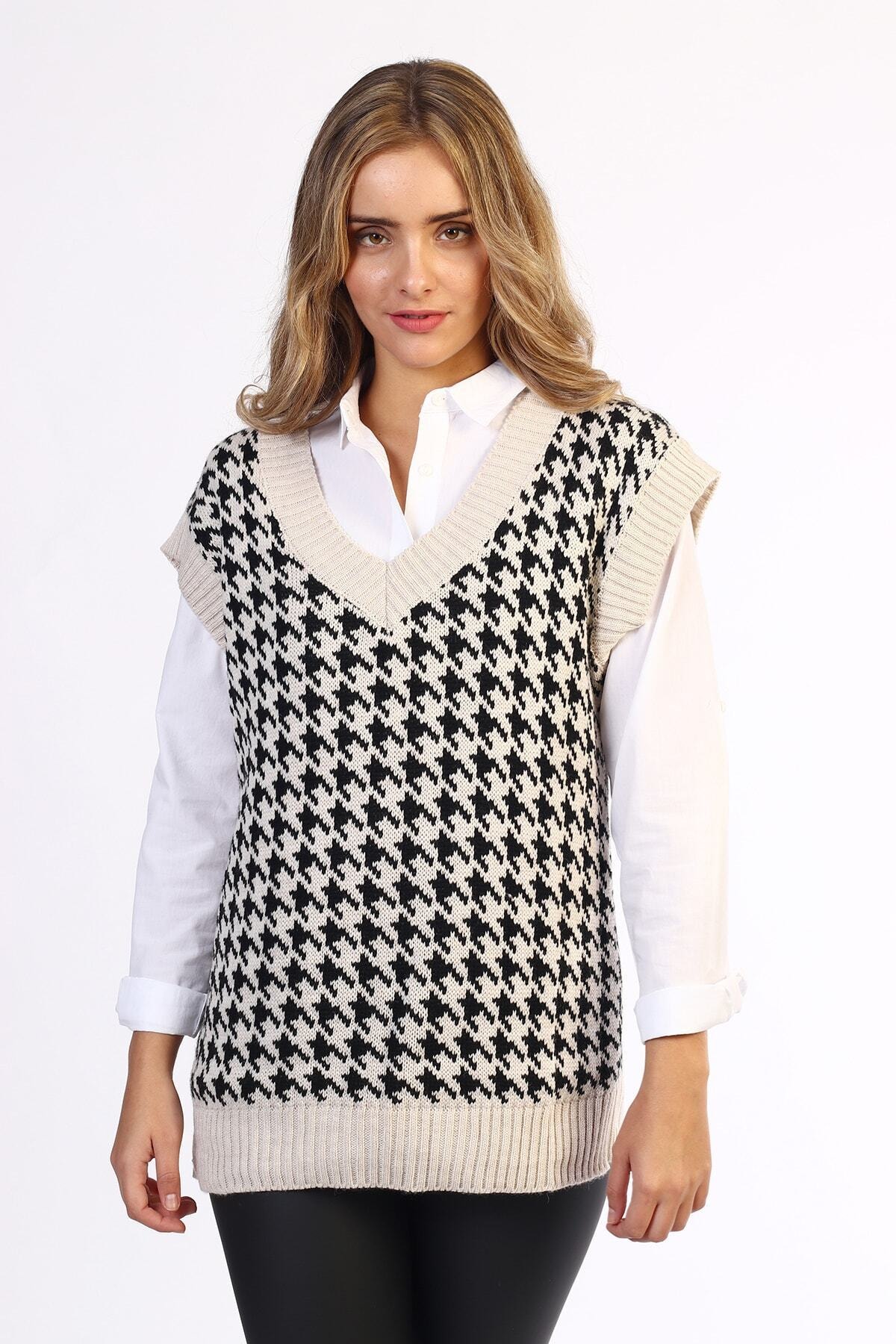 Be Happy Woman Kadın Taş Kazayağı Desenli Süveter